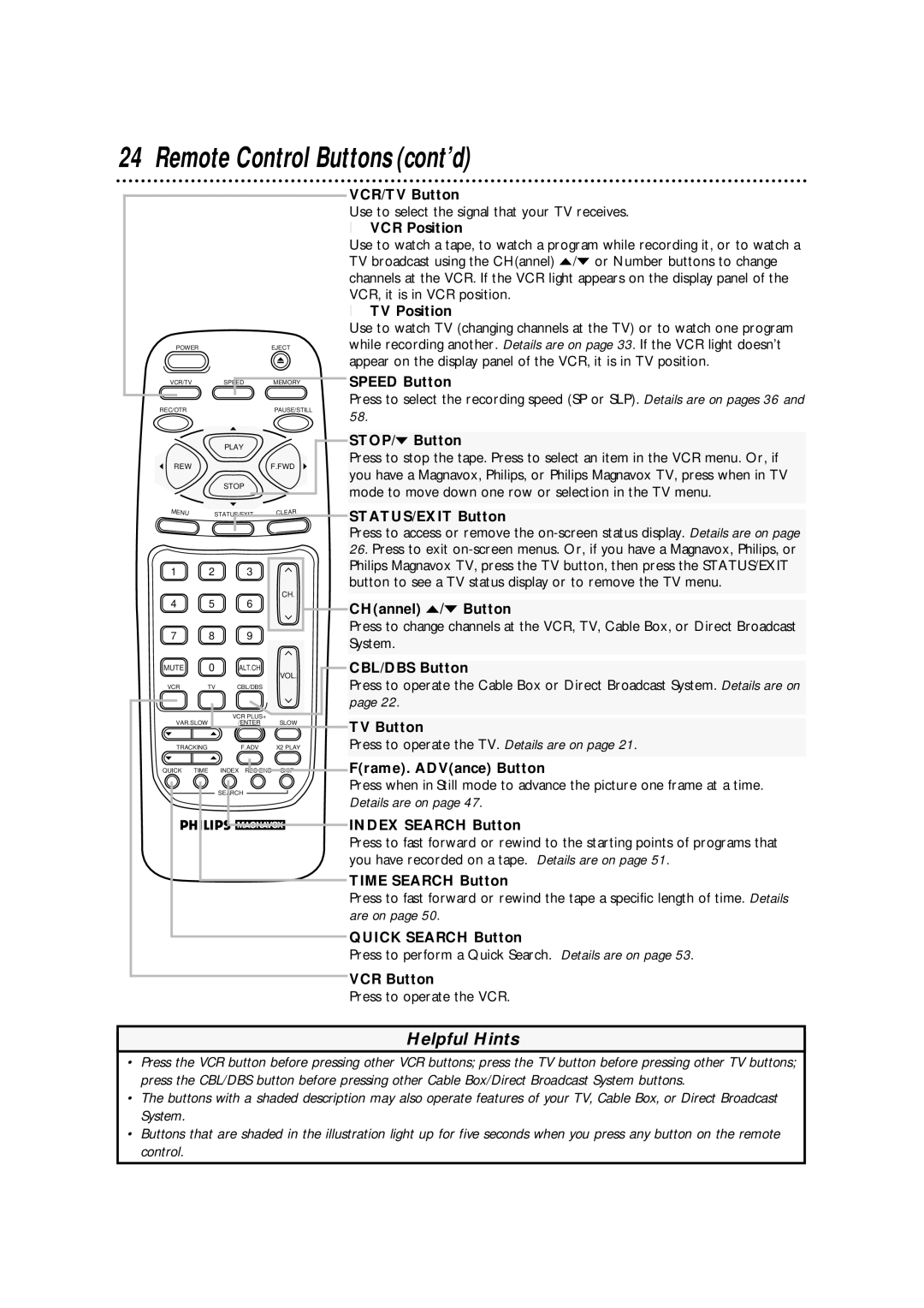 Philips VRA471AT owner manual Remote Control Buttons cont’d 