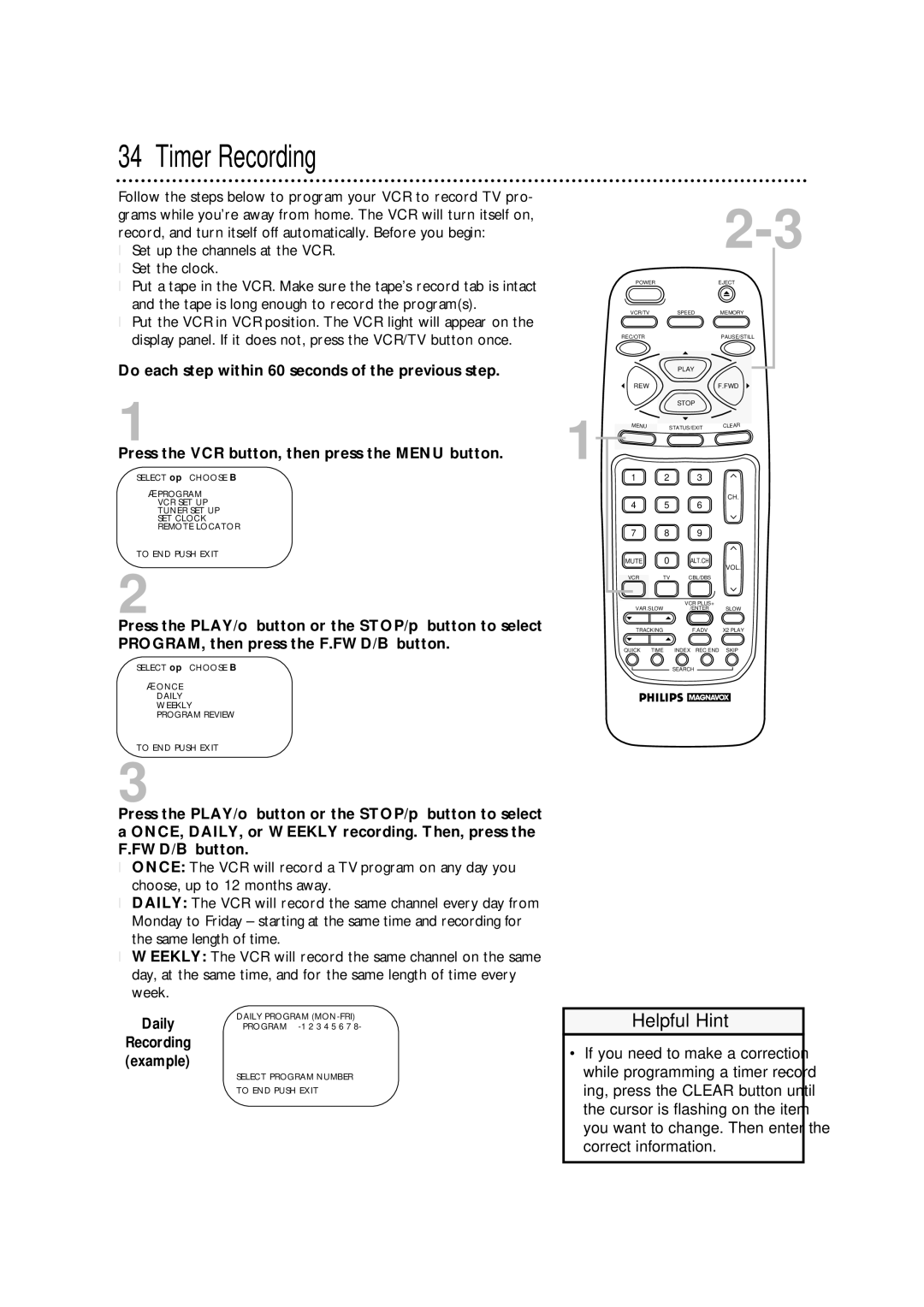 Philips VRA471AT owner manual Timer Recording, Daily 