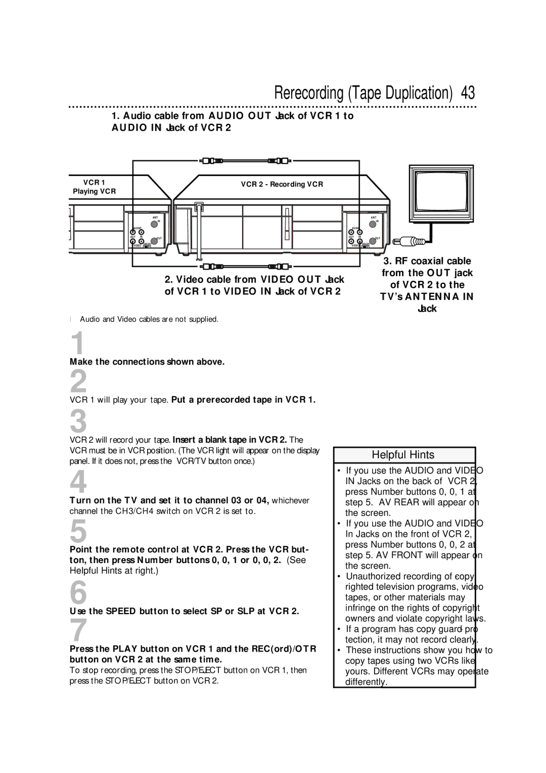 Philips VRA471AT owner manual Rerecording Tape Duplication, RF coaxial cable 