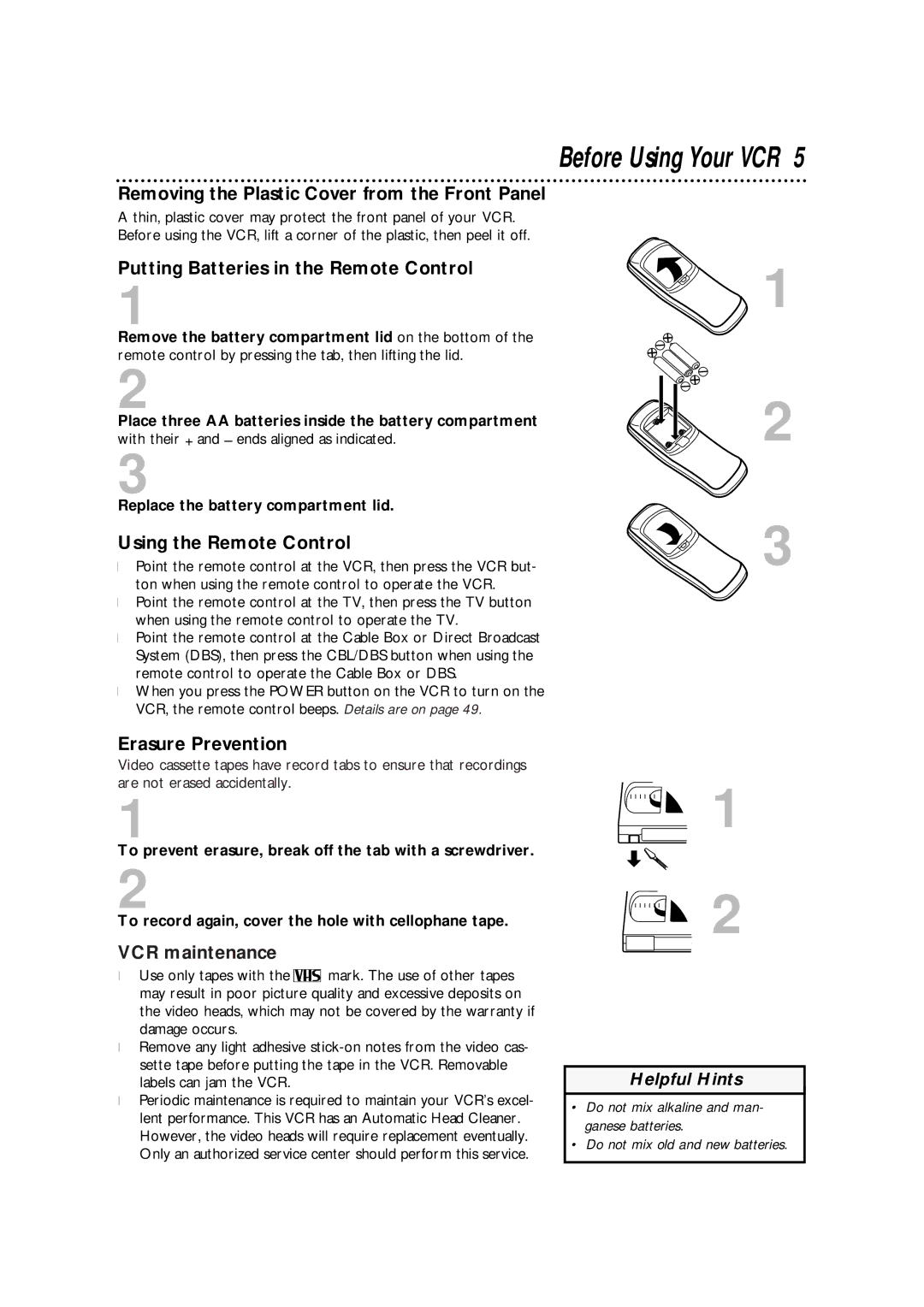 Philips VRA471AT Removing the Plastic Cover from the Front Panel, Putting Batteries in the Remote Control, VCR maintenance 