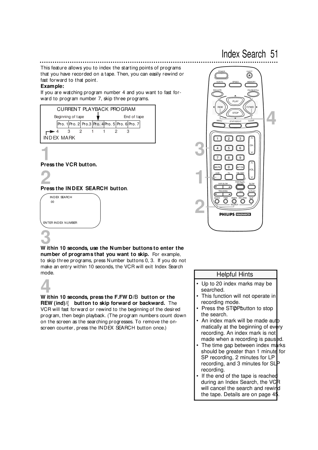 Philips VRA471AT owner manual Example, Press the VCR button Press the Index Search button 