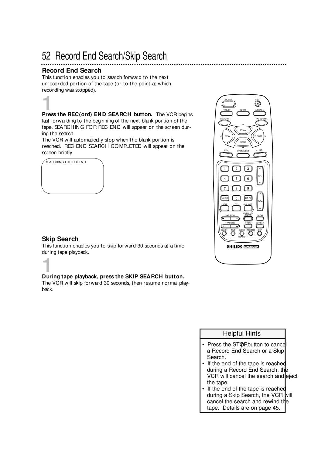 Philips VRA471AT owner manual Record End Search, Skip Search 