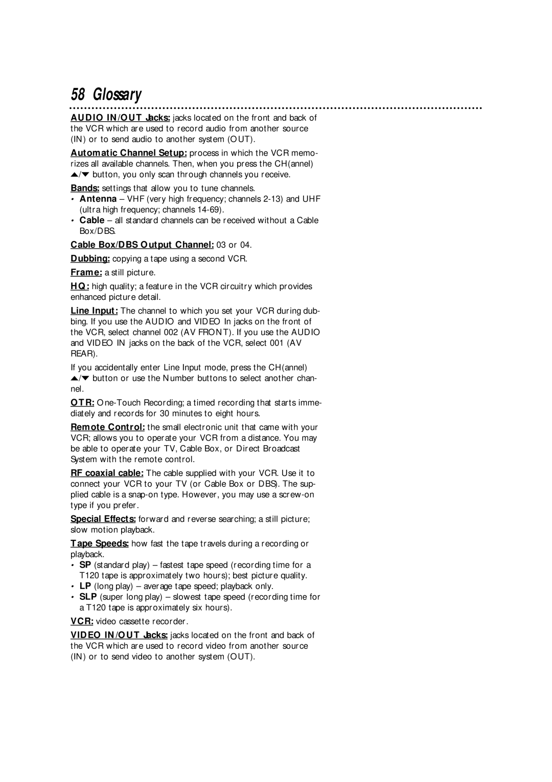 Philips VRA471AT owner manual Glossary, Cable Box/DBS Output Channel 03 or 