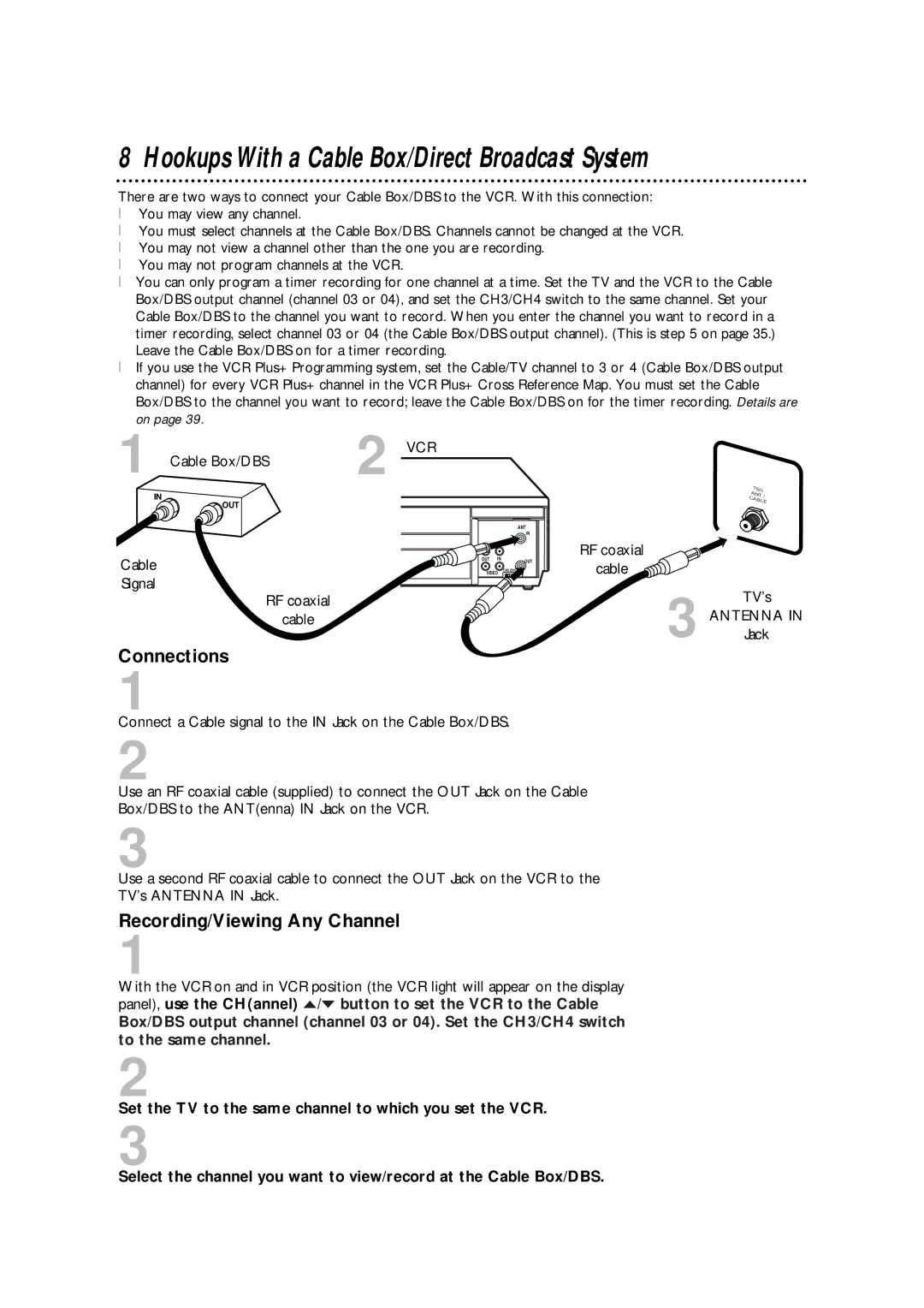 Philips VRA471AT owner manual Hookups With a Cable Box/Direct Broadcast System, Connections, Recording/Viewing Any Channel 