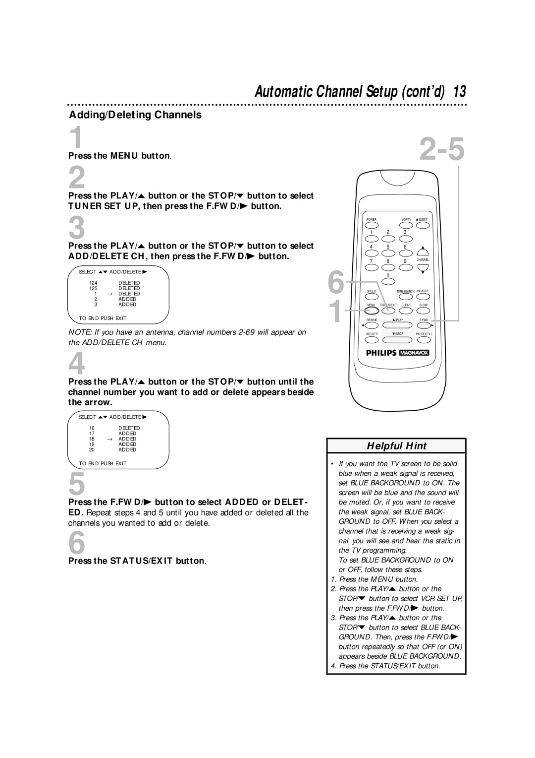 Philips VRA601AT owner manual Automatic Channel Setup cont’d, Adding/Deleting Channels 