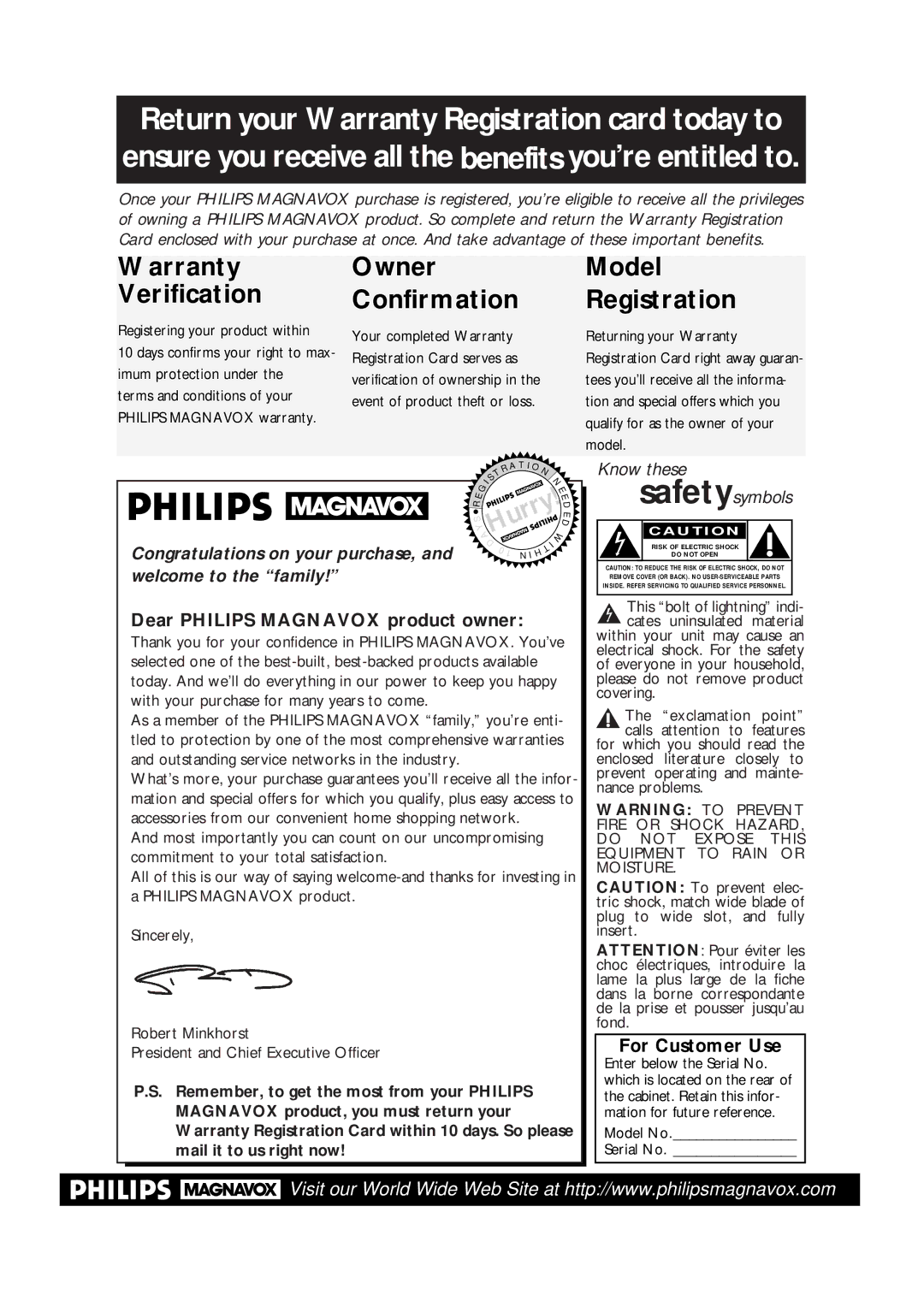 Philips VRA601AT owner manual Dear Philips Magnavox product owner, For Customer Use, Model No Serial No 