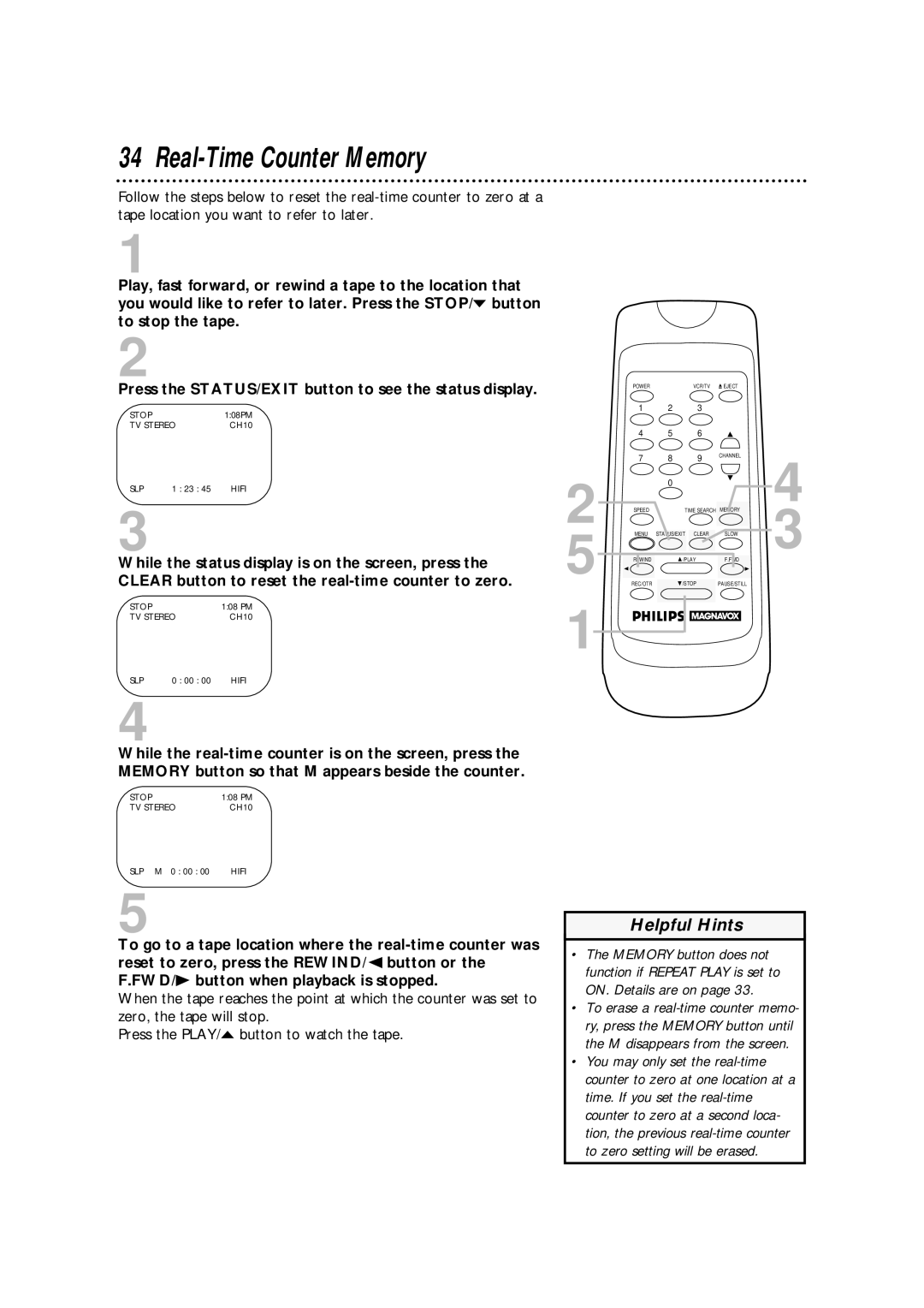 Philips VRA601AT owner manual Real-Time Counter Memory 