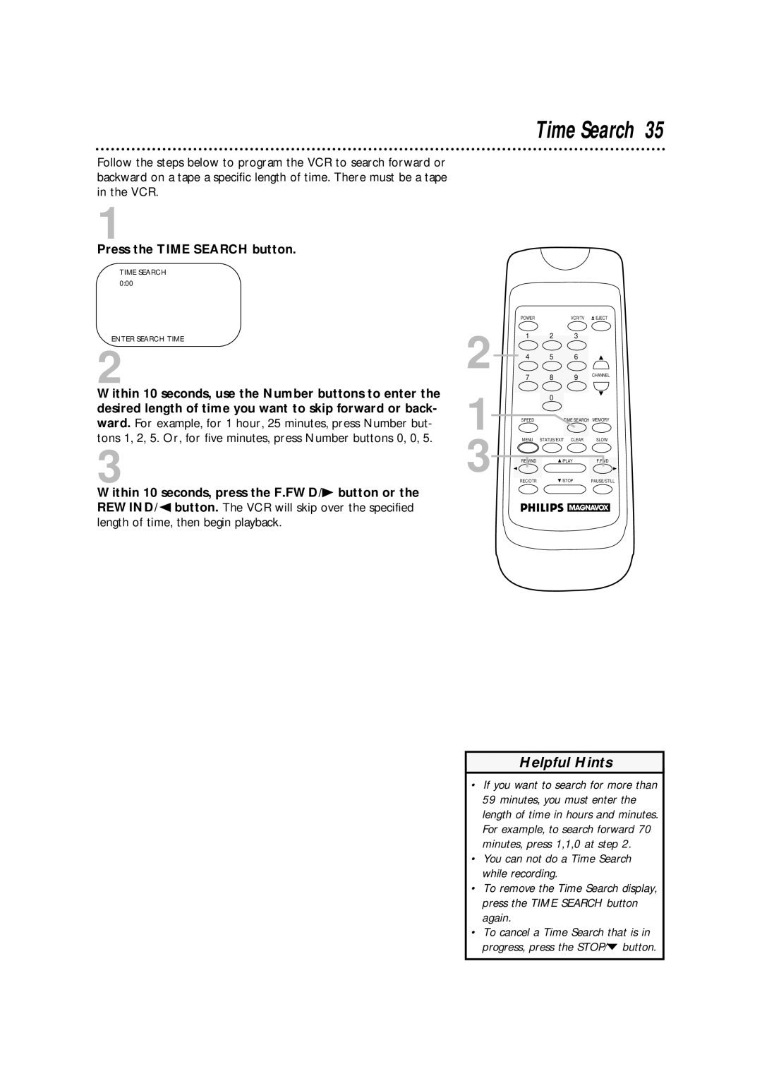 Philips VRA601AT owner manual Press the Time Search button 