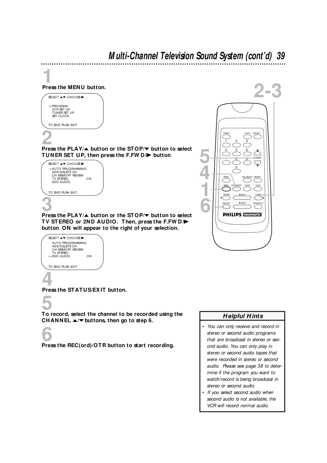 Philips VRA601AT owner manual Multi-Channel Television Sound System cont’d 