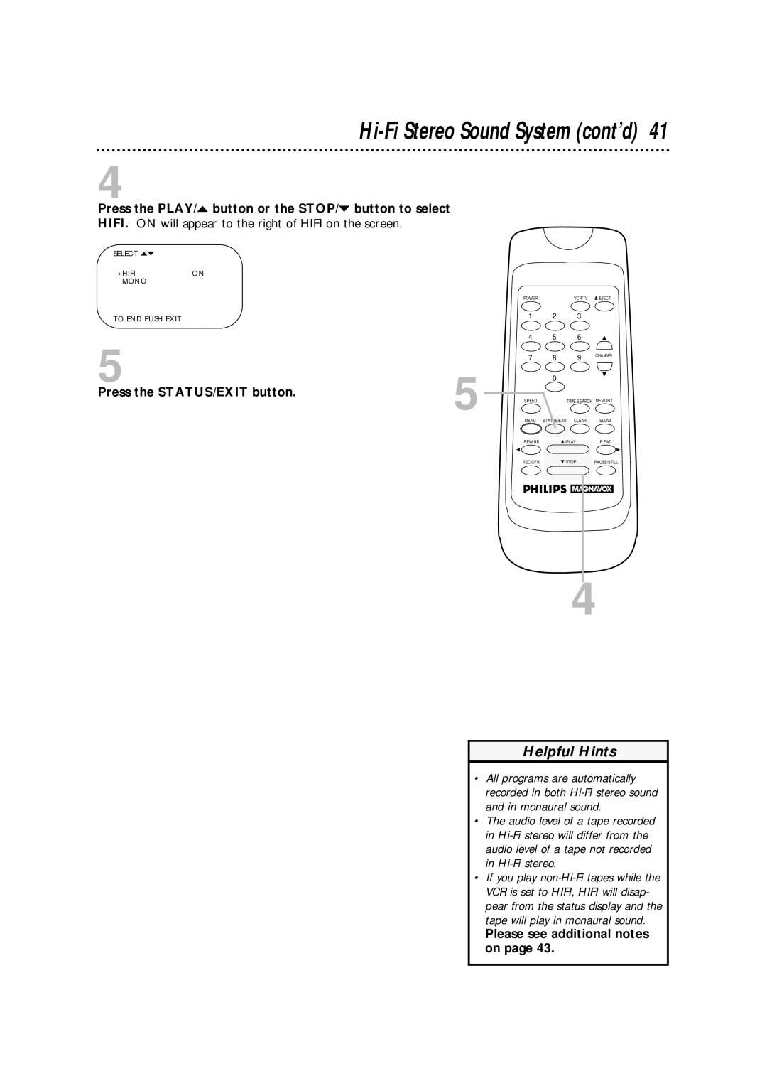 Philips VRA601AT owner manual Hi-Fi Stereo Sound System cont’d, HIFI. on will appear to the right of Hifi on the screen 