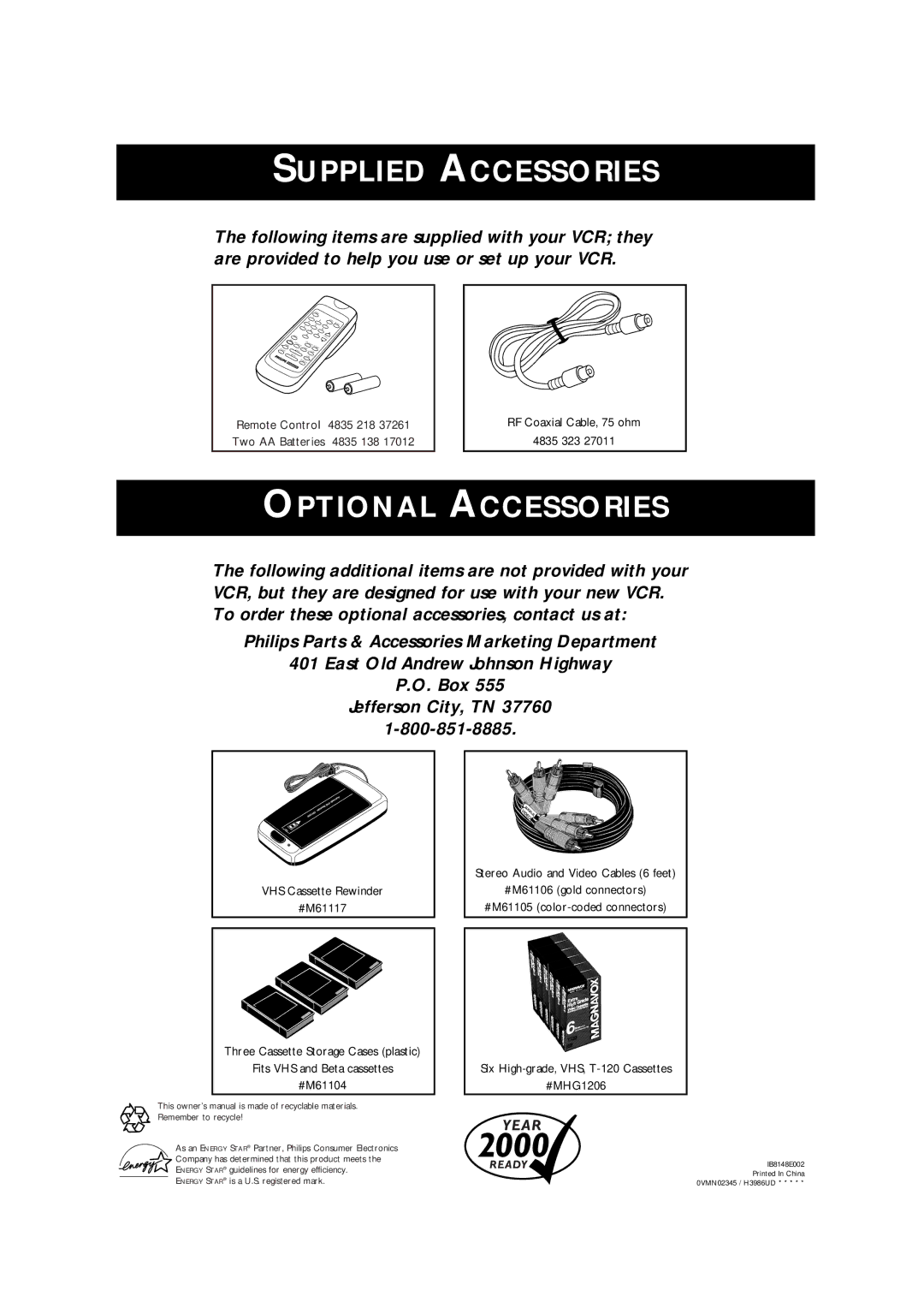 Philips VRA601AT owner manual Supplied Accessories 