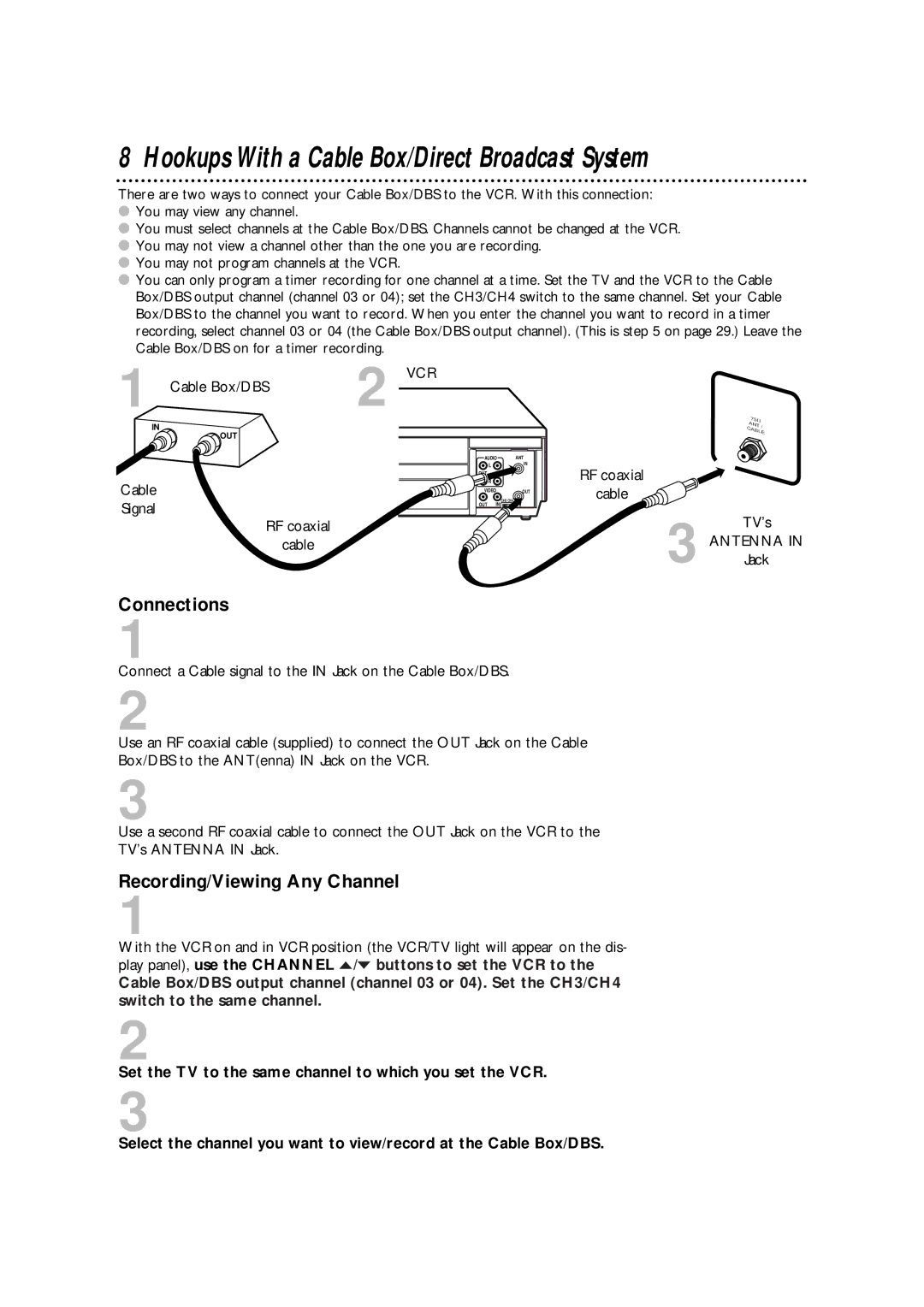 Philips VRA601AT owner manual Hookups With a Cable Box/Direct Broadcast System, Connections, Recording/Viewing Any Channel 