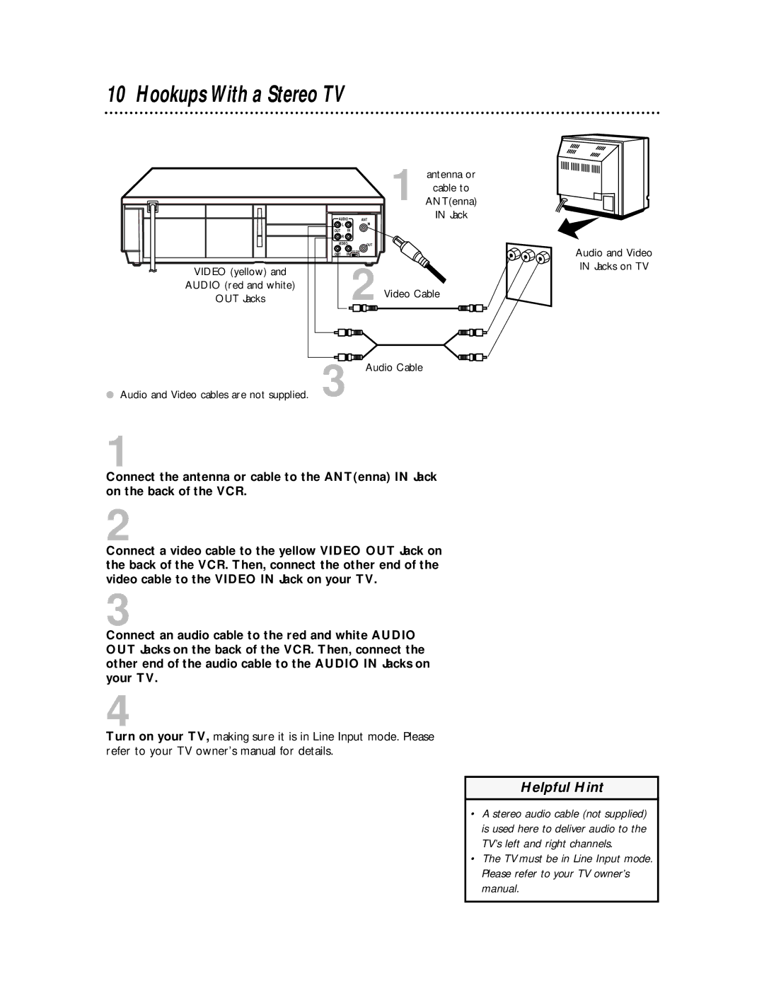 Philips VRA611AT owner manual Hookups With a Stereo TV, Video Cable 