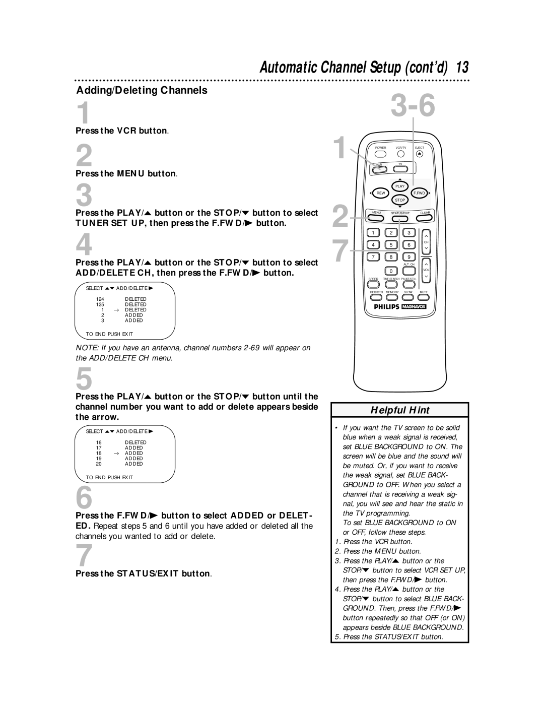 Philips VRA611AT owner manual Automatic Channel Setup cont’d, Adding/Deleting Channels 