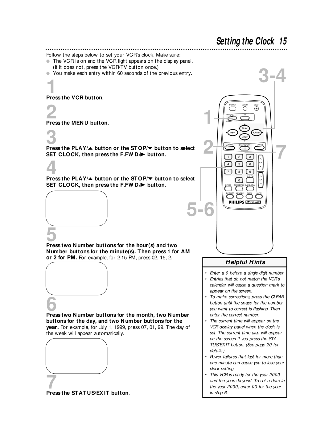 Philips VRA611AT owner manual Setting the Clock, SET CLOCK, then press the F.FWD/ B button 