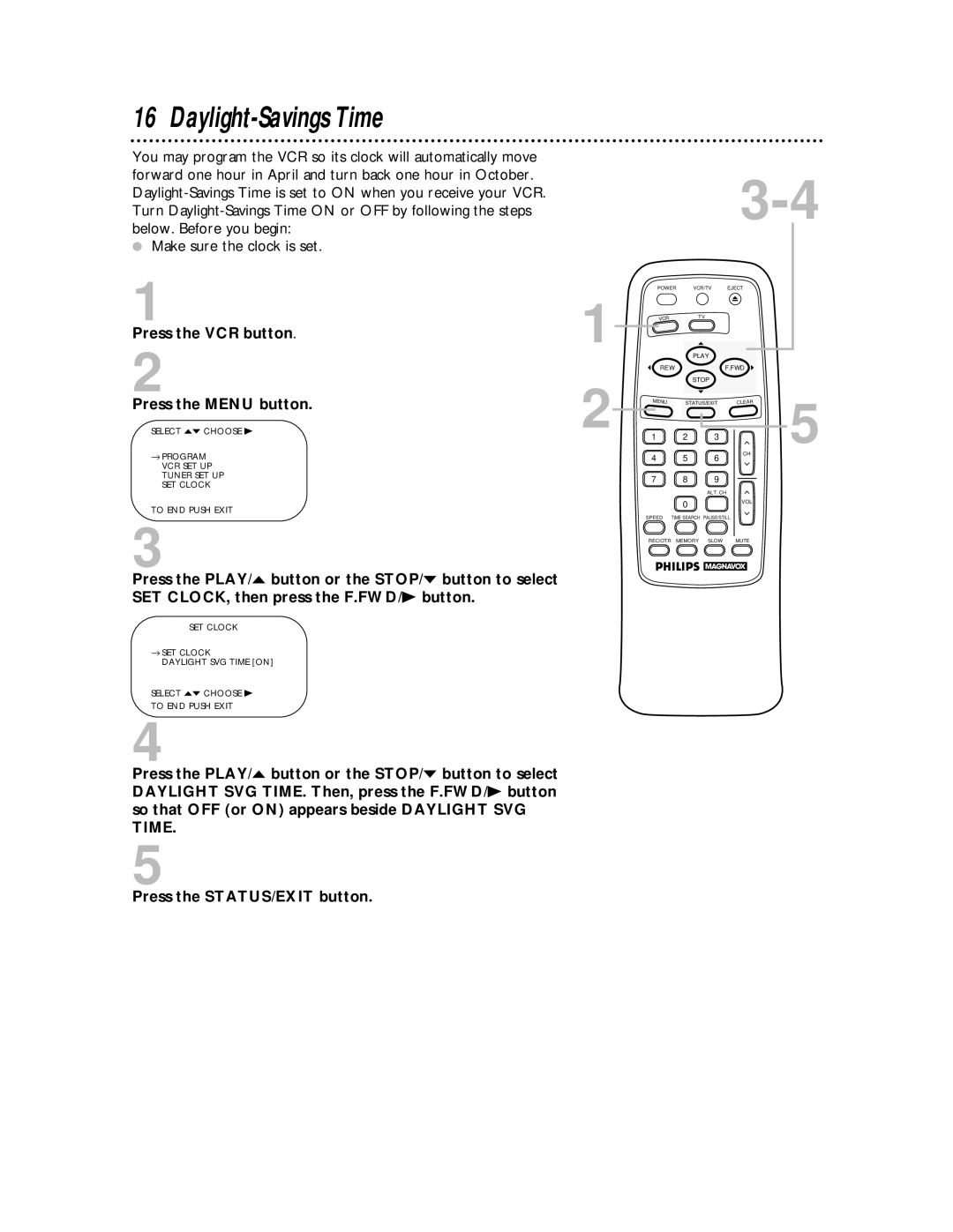 Philips VRA611AT owner manual Daylight-Savings Time, Press the VCR button 