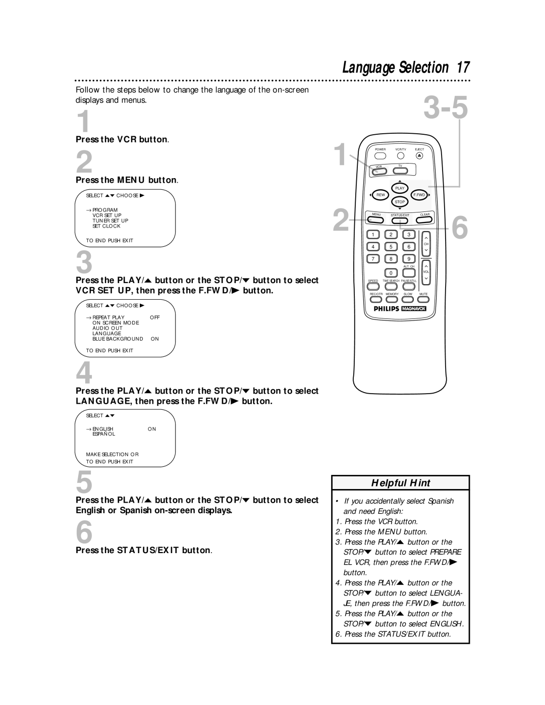 Philips VRA611AT owner manual Language Selection, Press the VCR button Press the Menu button 