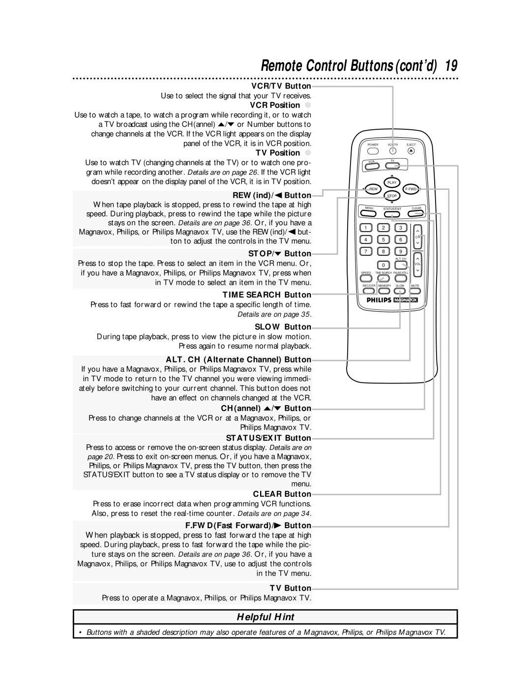 Philips VRA611AT owner manual REWind/ Button, STOP/p Button, Press again to resume normal playback, Menu 