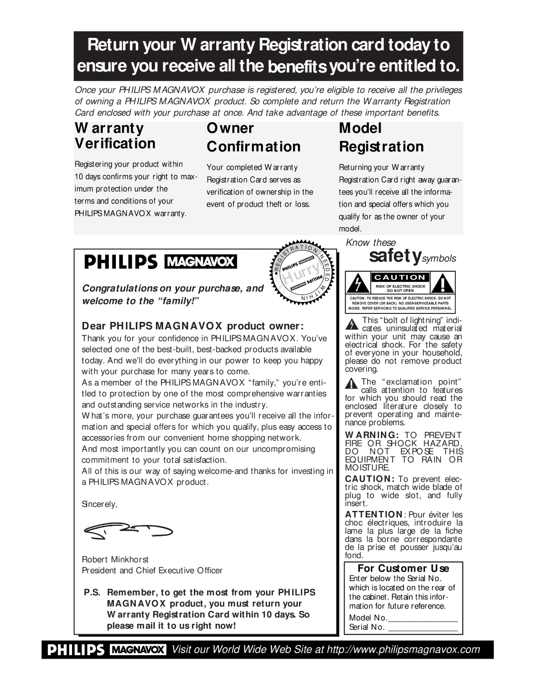 Philips VRA611AT owner manual Dear Philips Magnavox product owner, For Customer Use, Model No Serial No 