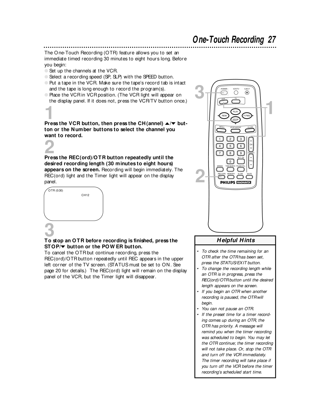 Philips VRA611AT owner manual One-Touch Recording 