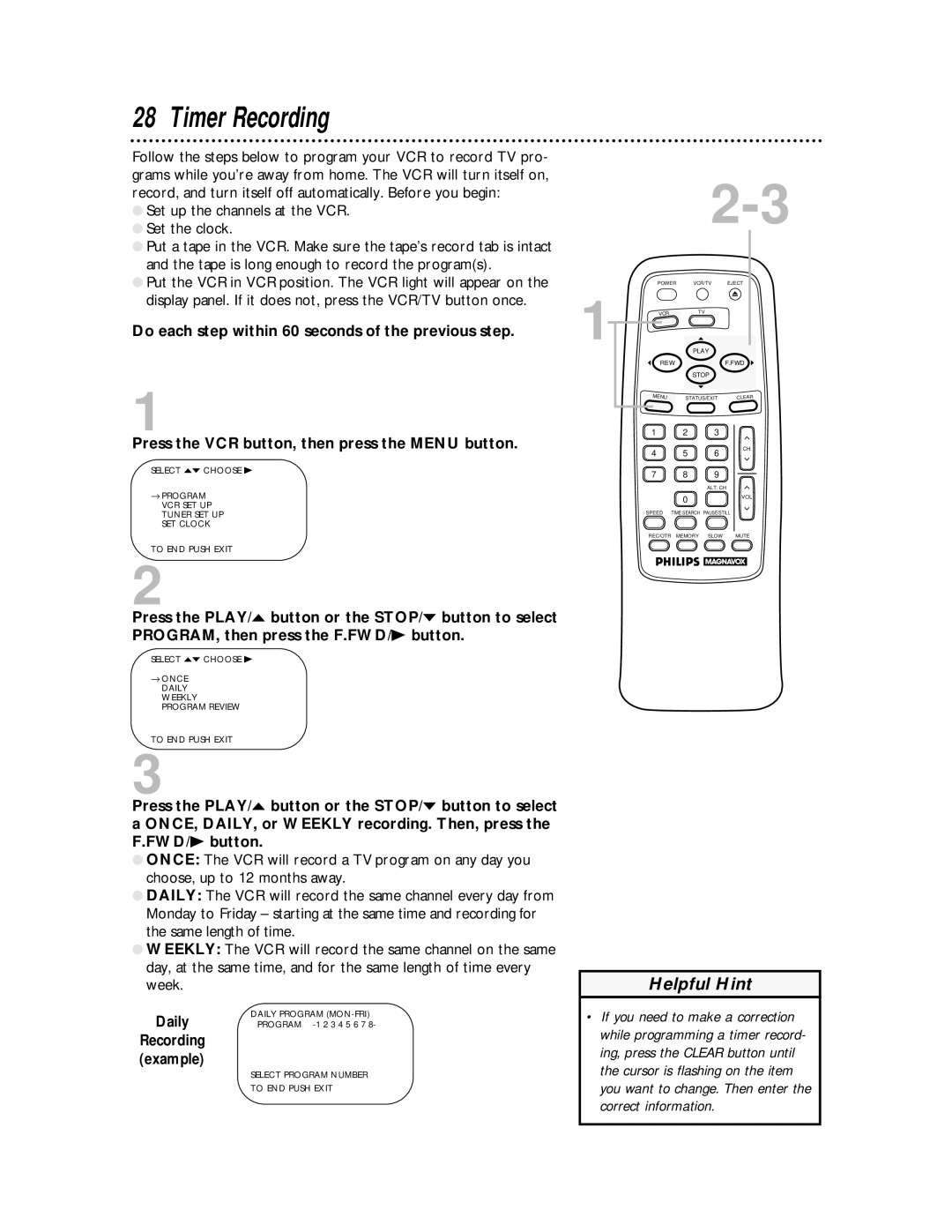 Philips VRA611AT owner manual Timer Recording, Do each step within 60 seconds of the previous step, Daily 