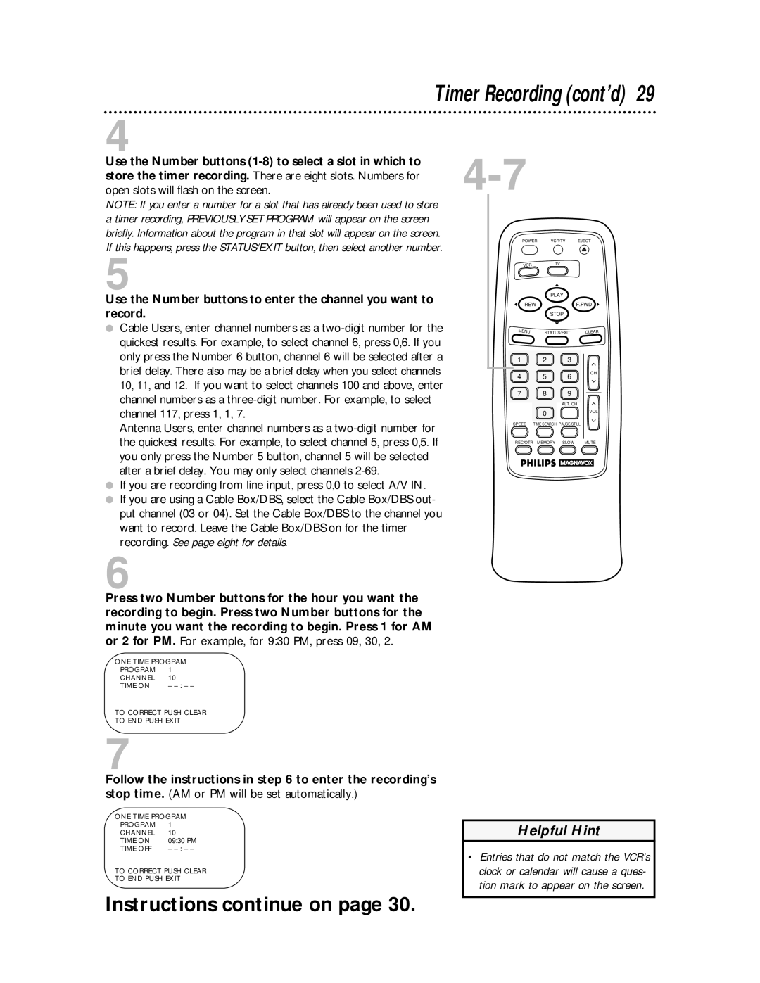 Philips VRA611AT owner manual Timer Recording cont’d 