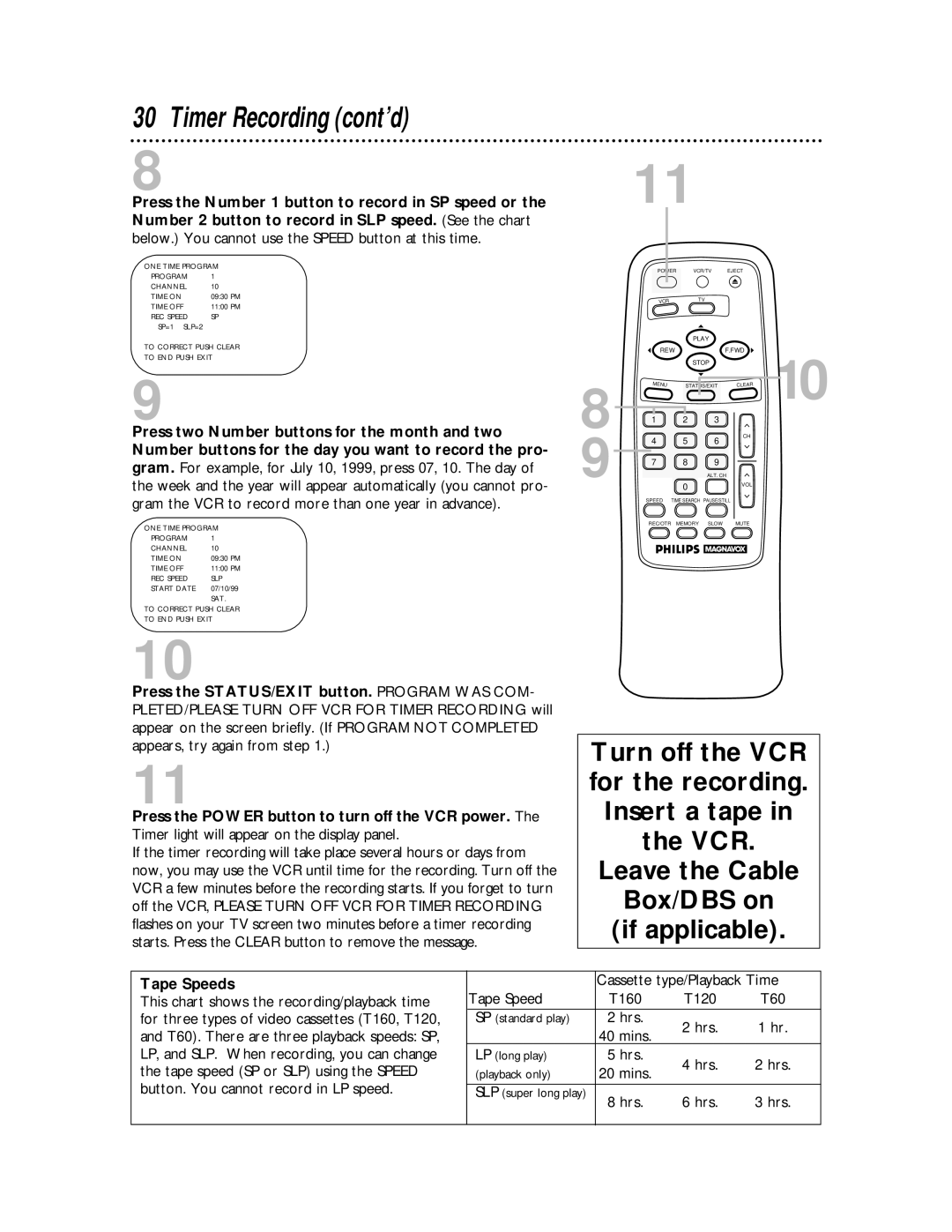 Philips VRA611AT owner manual Timer Recording cont’d, Tape Speeds 