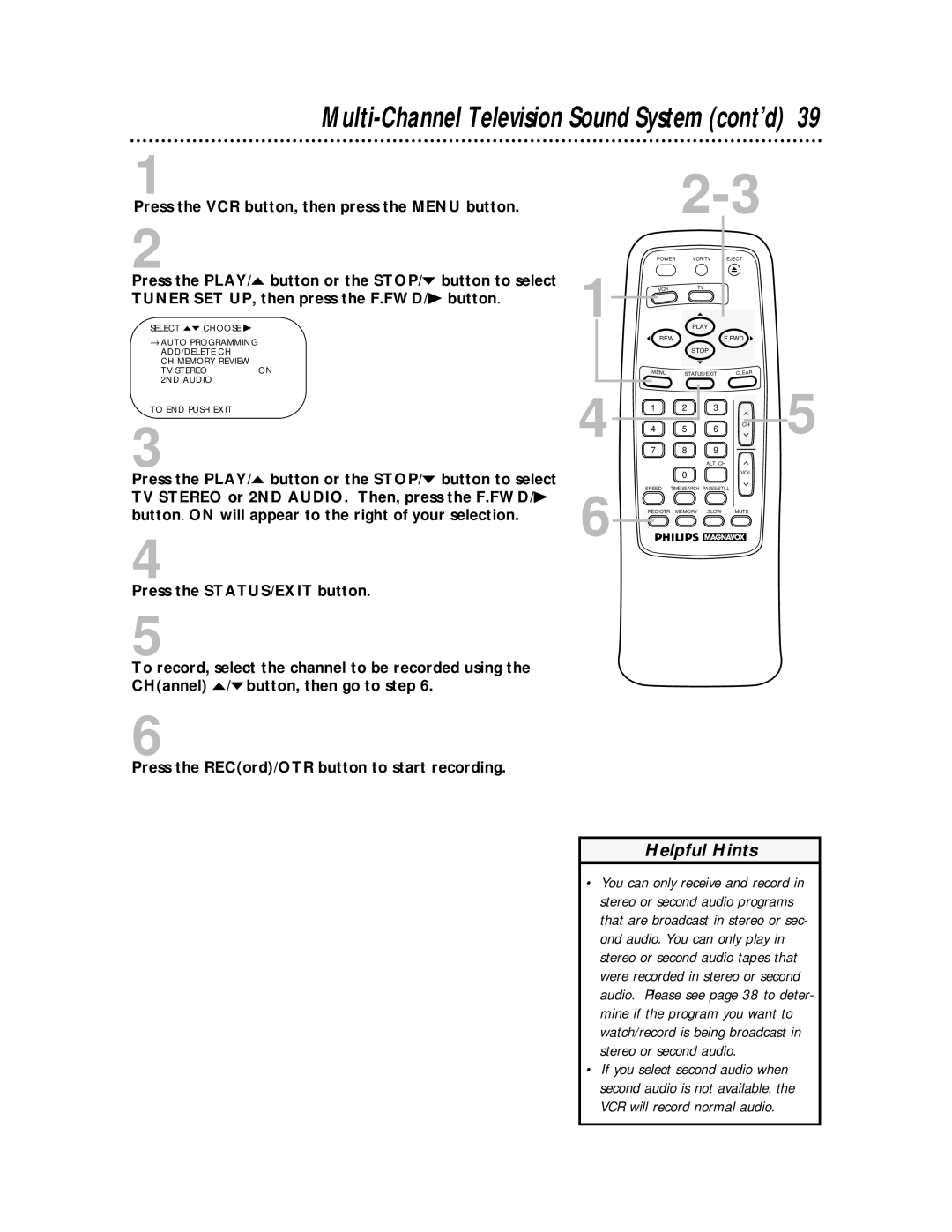 Philips VRA611AT owner manual Multi-Channel Television Sound System cont’d 