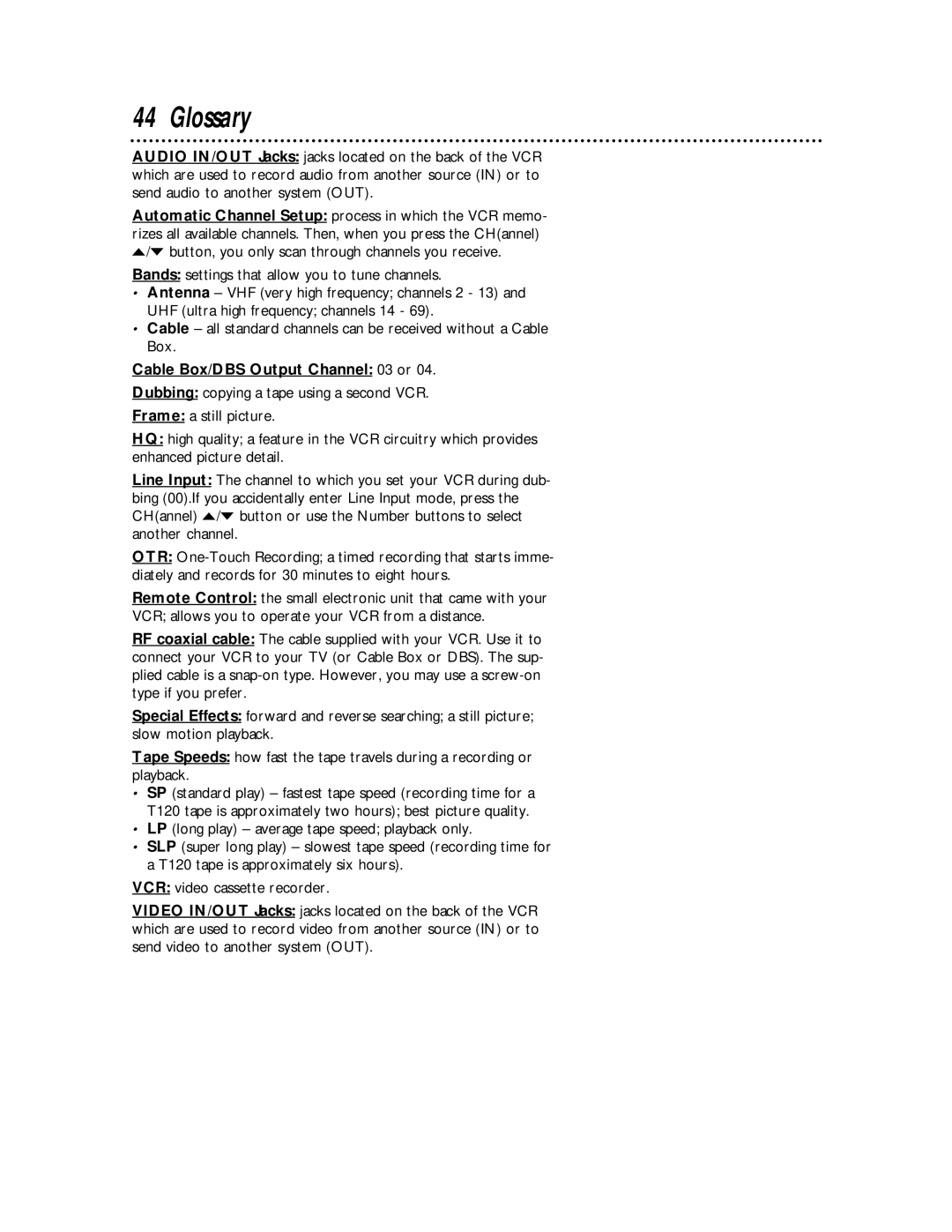 Philips VRA611AT owner manual Glossary, Cable Box/DBS Output Channel 03 or 