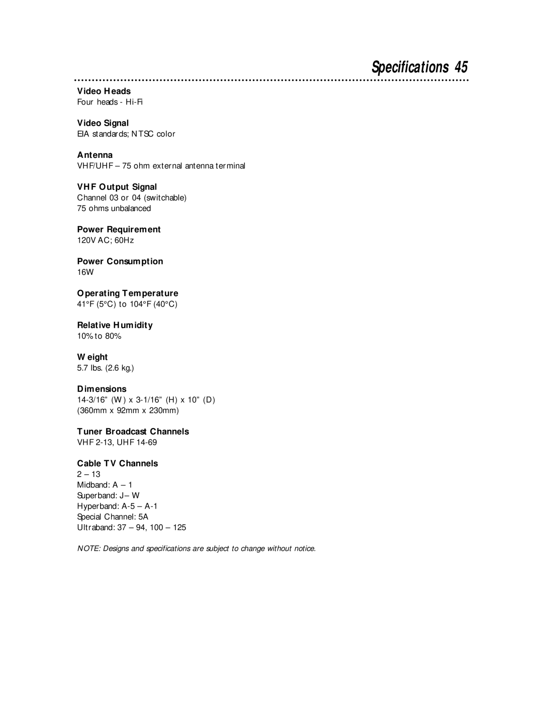 Philips VRA611AT owner manual Specifications 