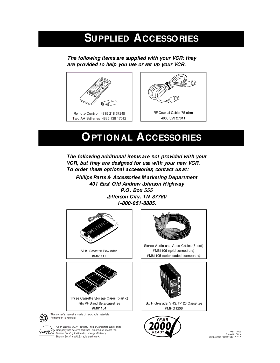 Philips VRA611AT owner manual Supplied Accessories 