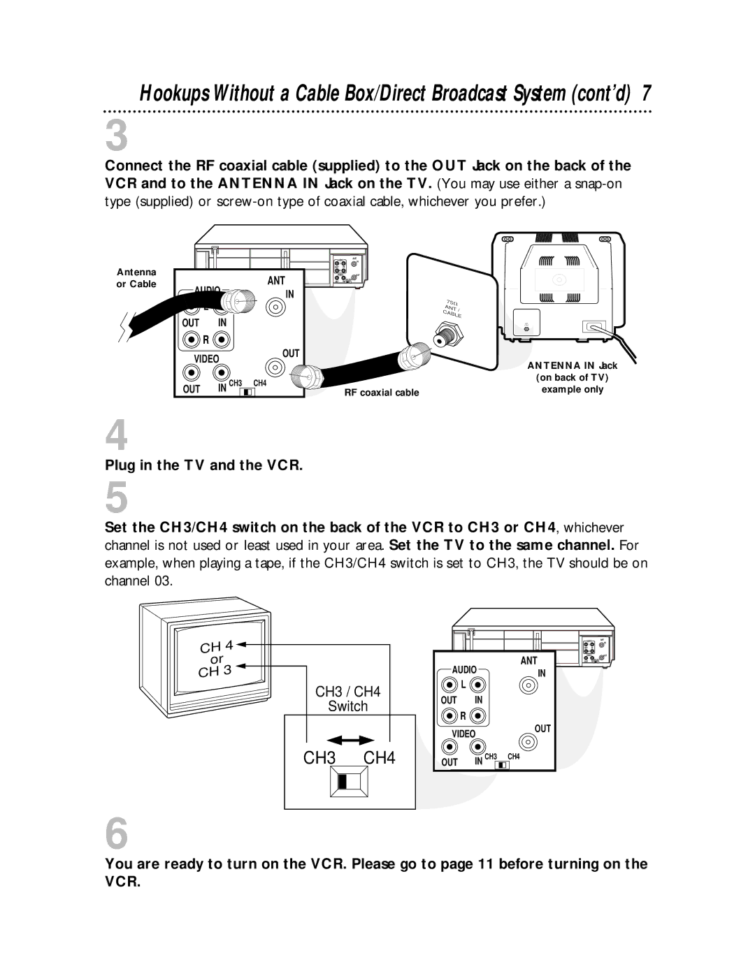 Philips VRA611AT owner manual Hookups Without a Cable Box/Direct Broadcast System cont’d, Plug in the TV and the VCR 