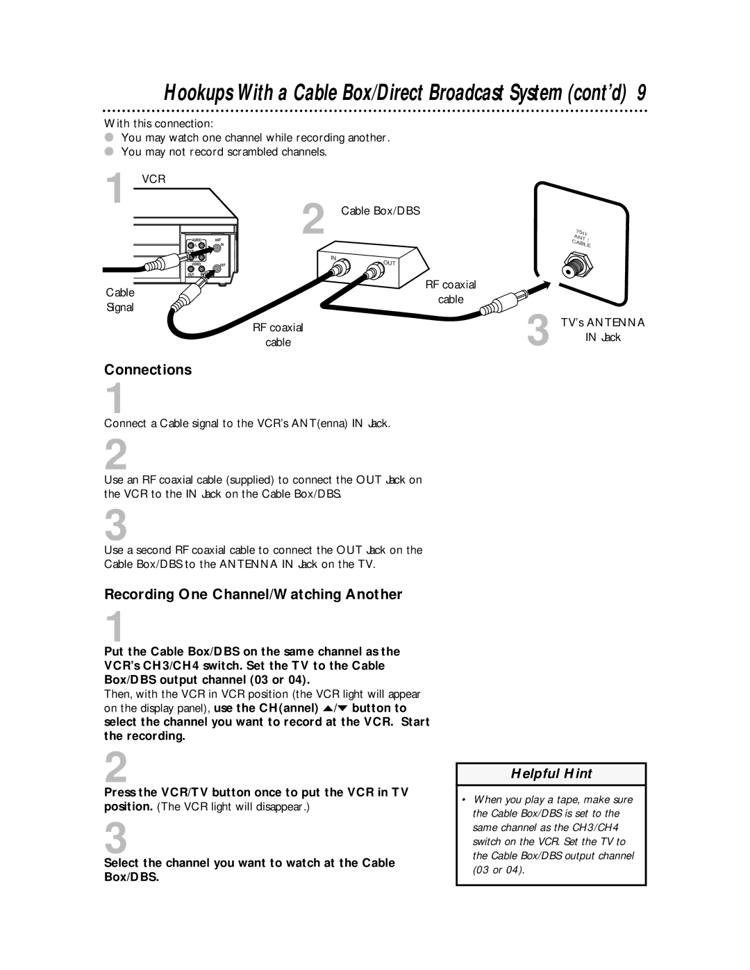 Philips VRA611AT owner manual Recording One Channel/Watching Another, TV’s Antenna 