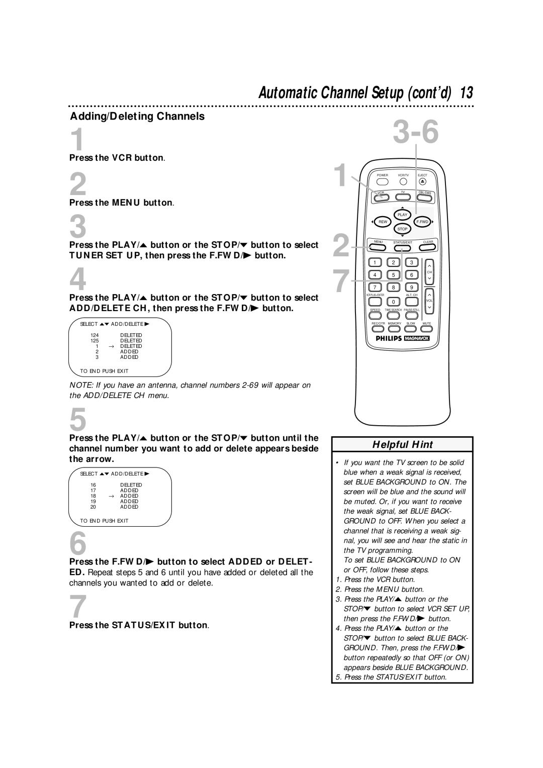 Philips VRA631AT owner manual Automatic Channel Setup cont’d, Adding/Deleting Channels 