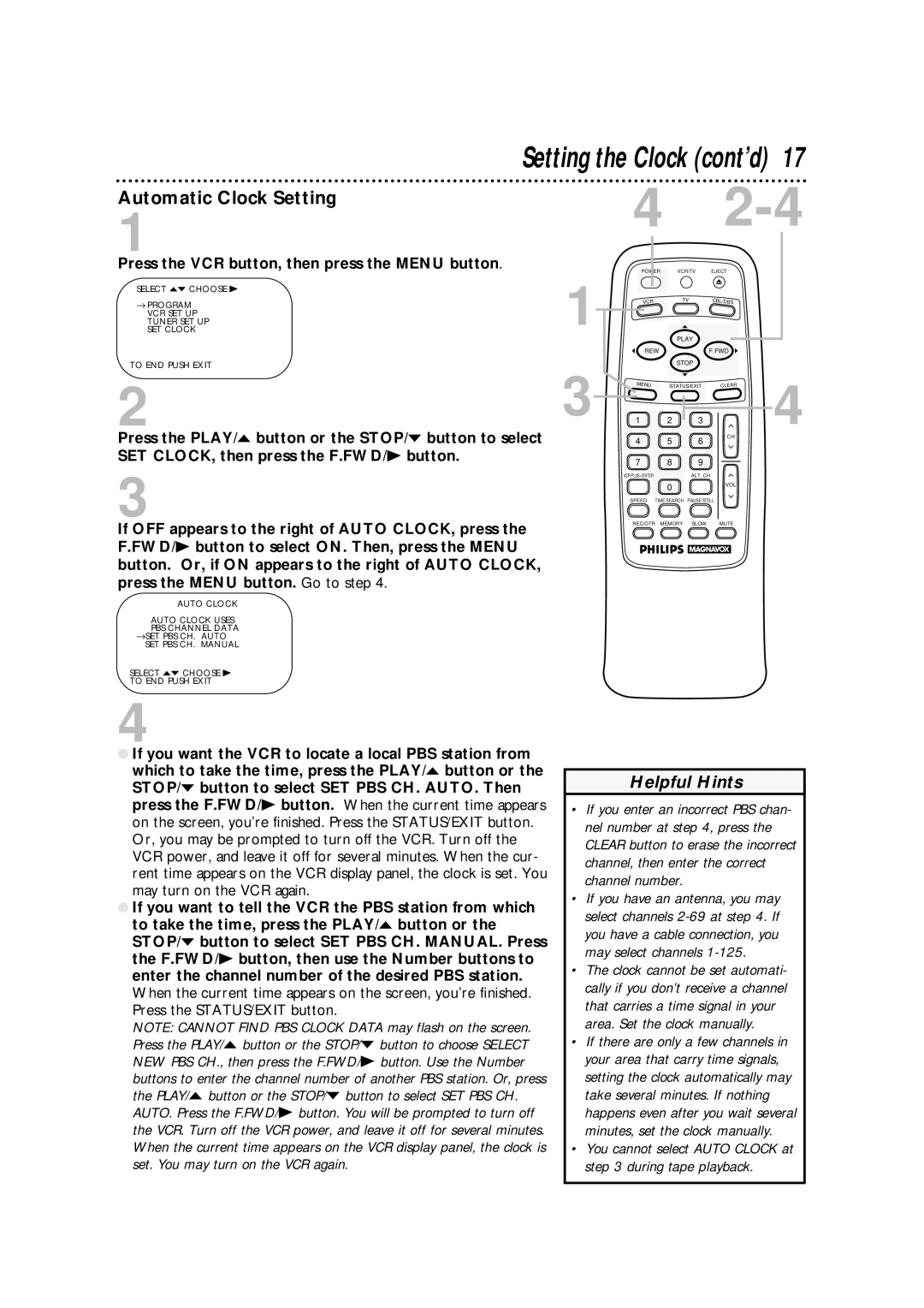 Philips VRA631AT owner manual Automatic Clock Setting, Press the VCR button, then press the Menu button 