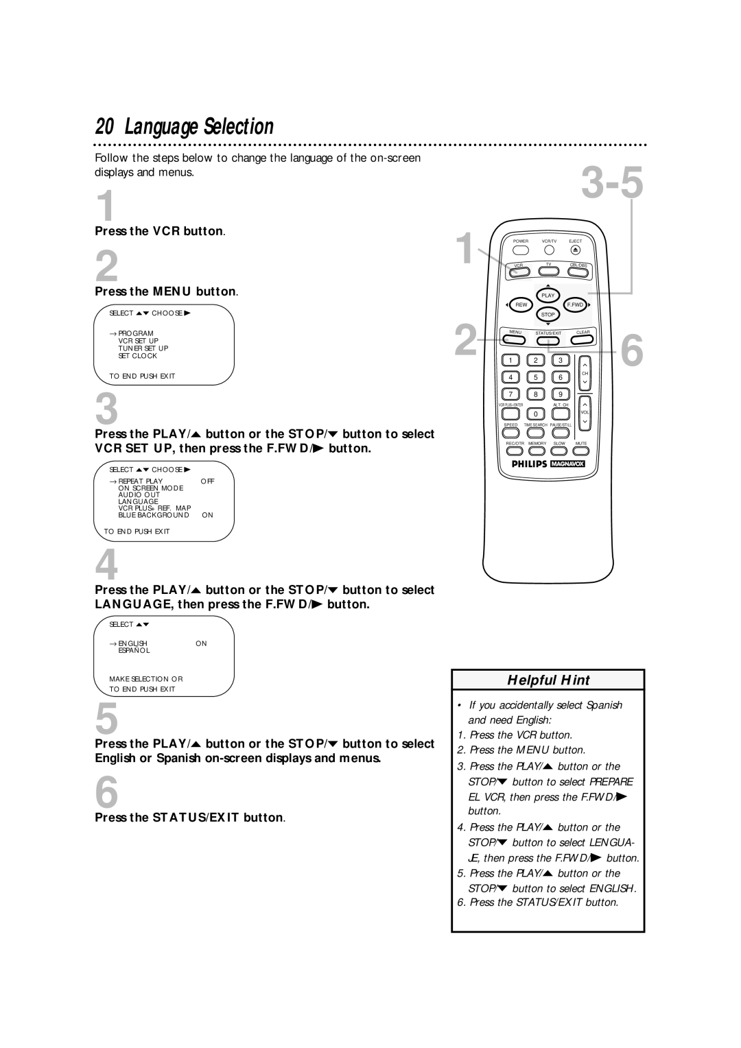 Philips VRA631AT owner manual Language Selection 