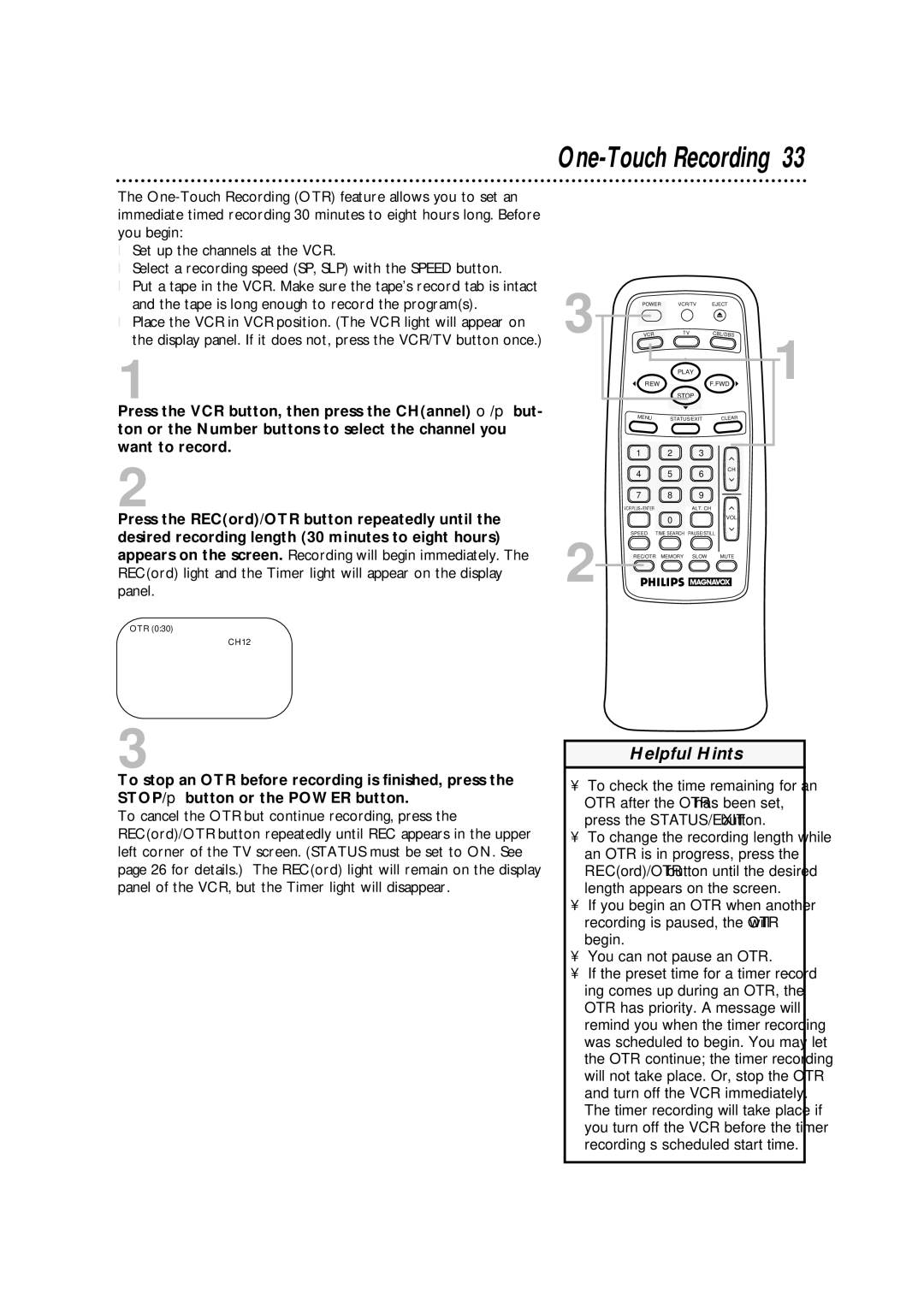 Philips VRA631AT owner manual One-Touch Recording 