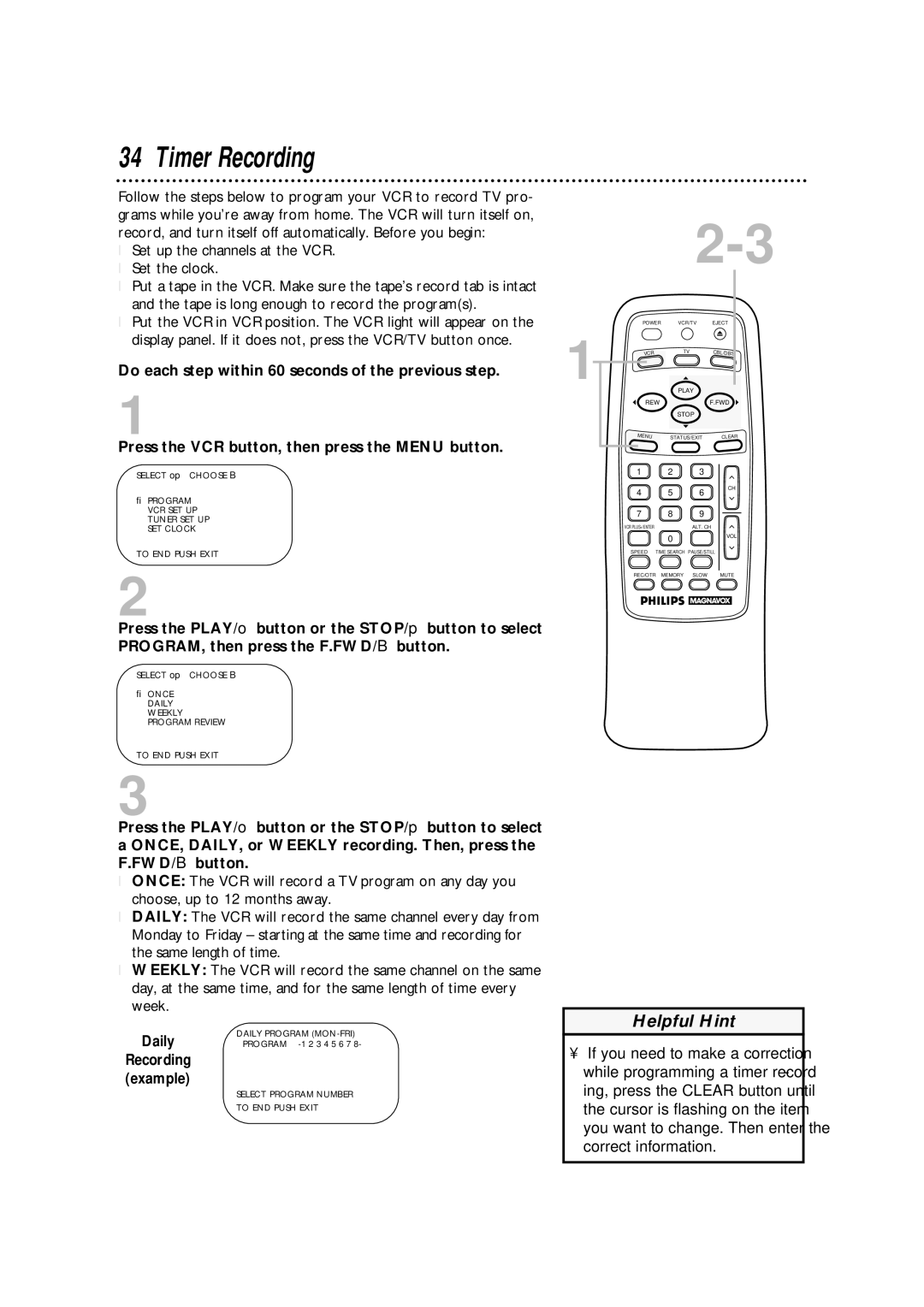 Philips VRA631AT owner manual Timer Recording, Daily 