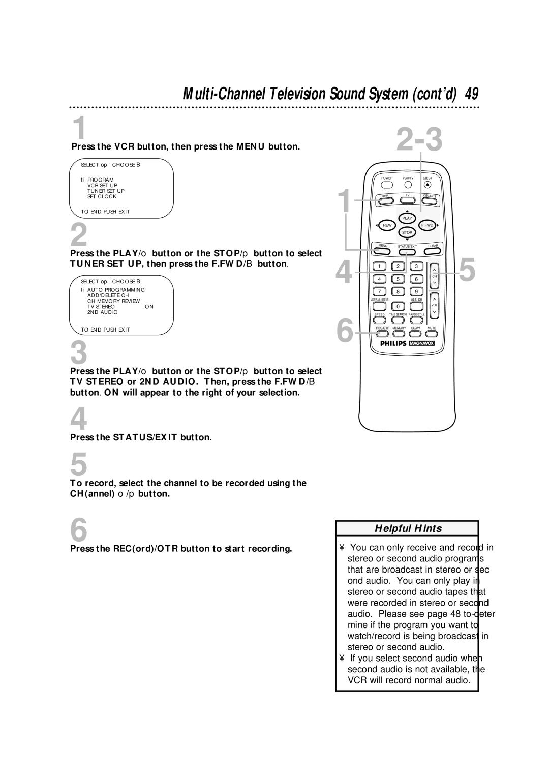 Philips VRA631AT owner manual Multi-Channel Television Sound System cont’d 