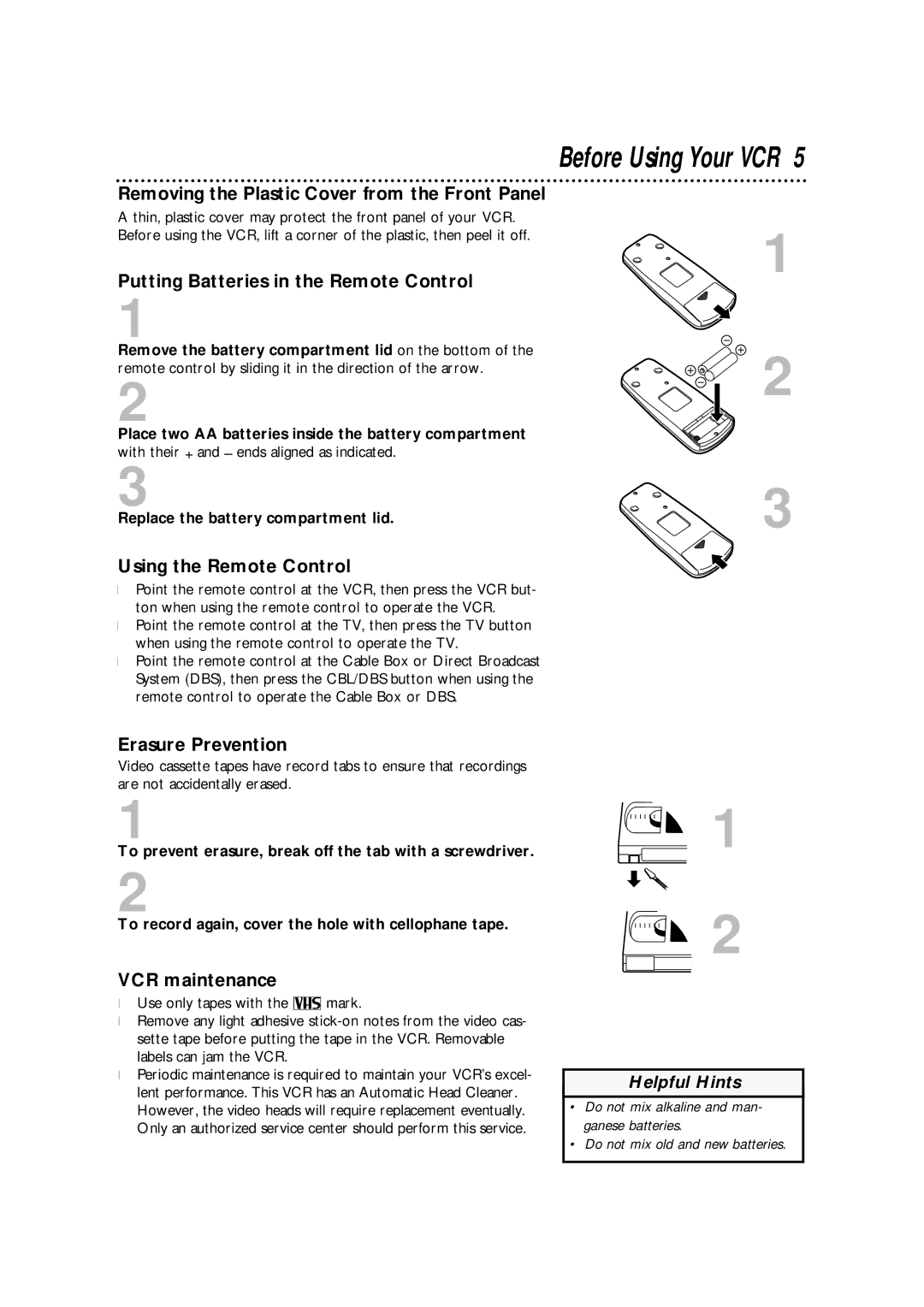 Philips VRA631AT Removing the Plastic Cover from the Front Panel, Putting Batteries in the Remote Control, VCR maintenance 