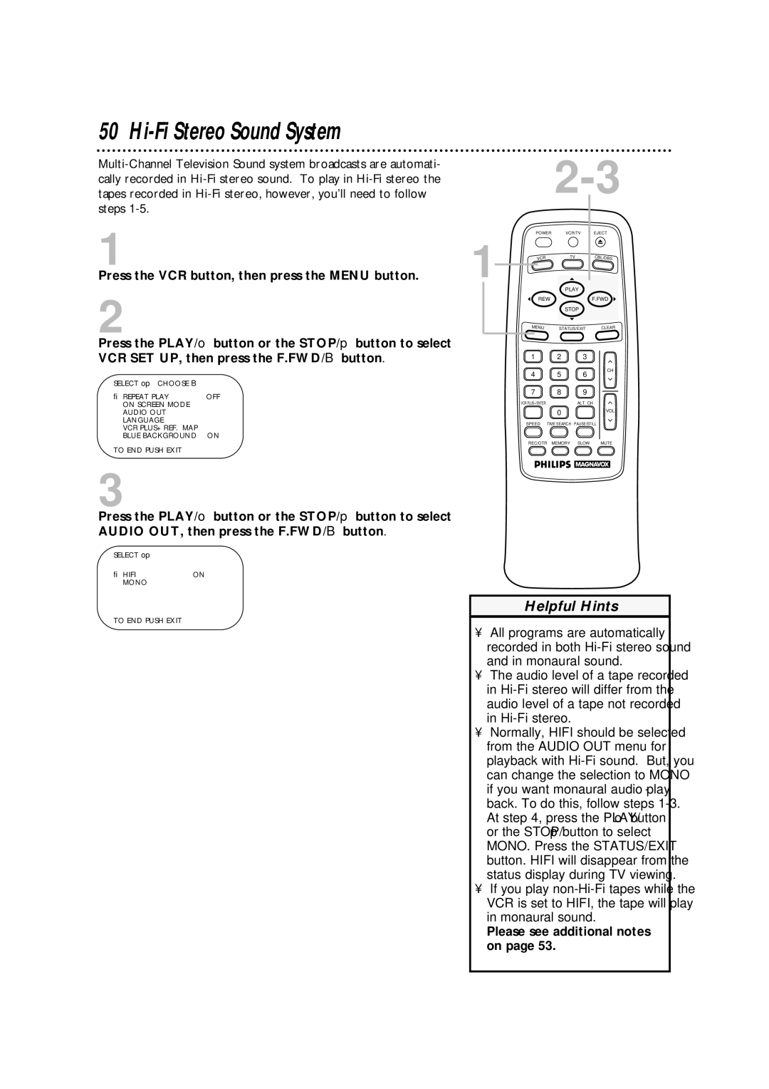 Philips VRA631AT owner manual Hi-Fi Stereo Sound System, Please see additional notes on 