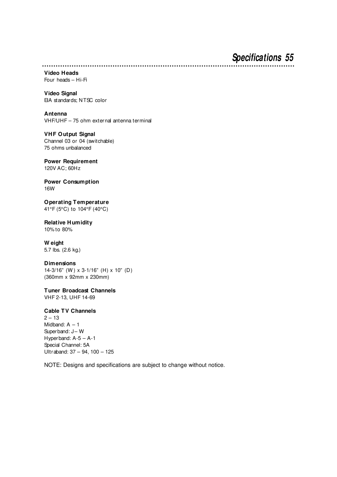 Philips VRA631AT owner manual Specifications 