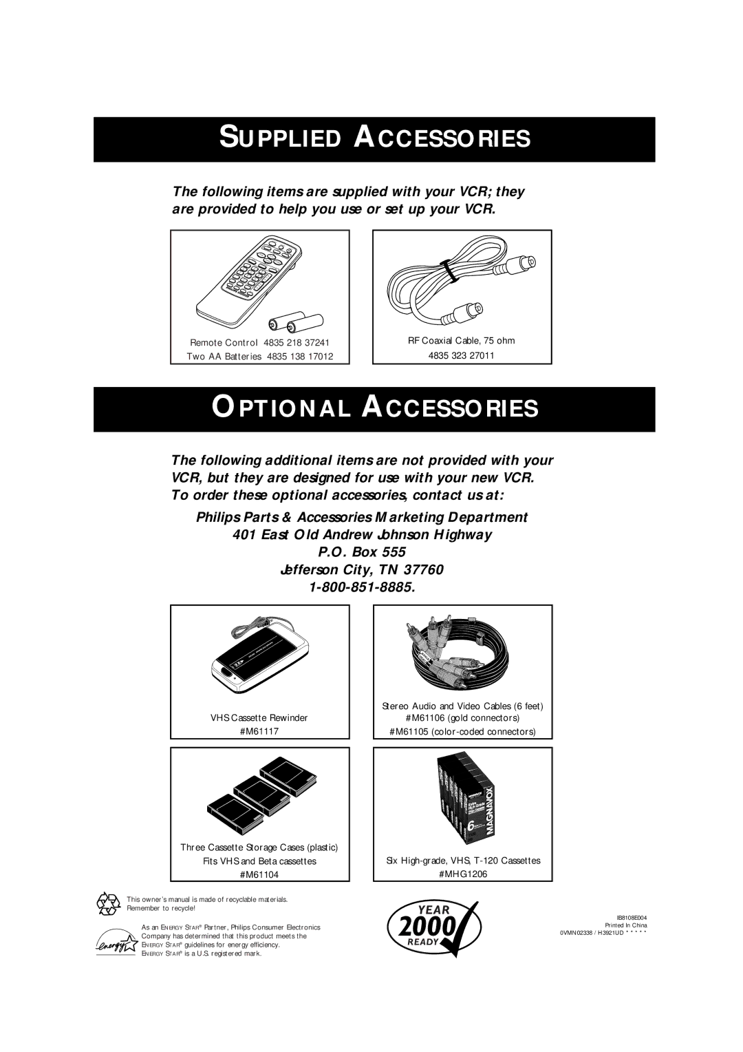 Philips VRA631AT owner manual Supplied Accessories 