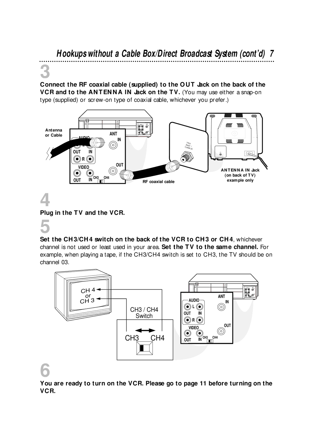 Philips VRA631AT owner manual Hookups without a Cable Box/Direct Broadcast System cont’d, Plug in the TV and the VCR 