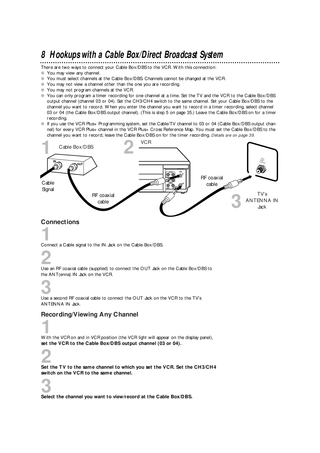 Philips VRA631AT owner manual Hookups with a Cable Box/Direct Broadcast System, Connections, Recording/Viewing Any Channel 