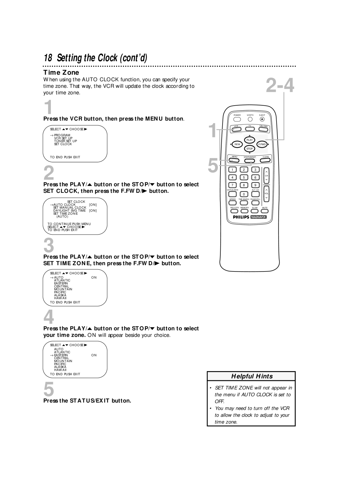 Philips VRA633AT owner manual Time Zone, Press the STATUS/EXIT button 