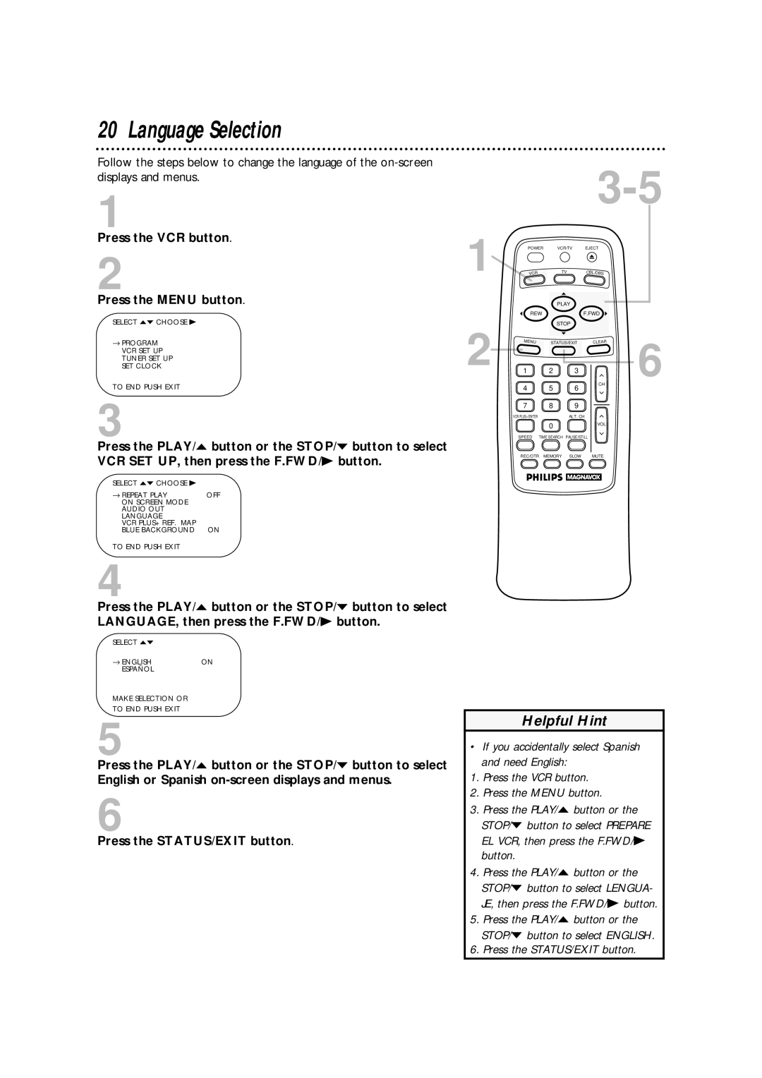 Philips VRA633AT owner manual Language Selection 