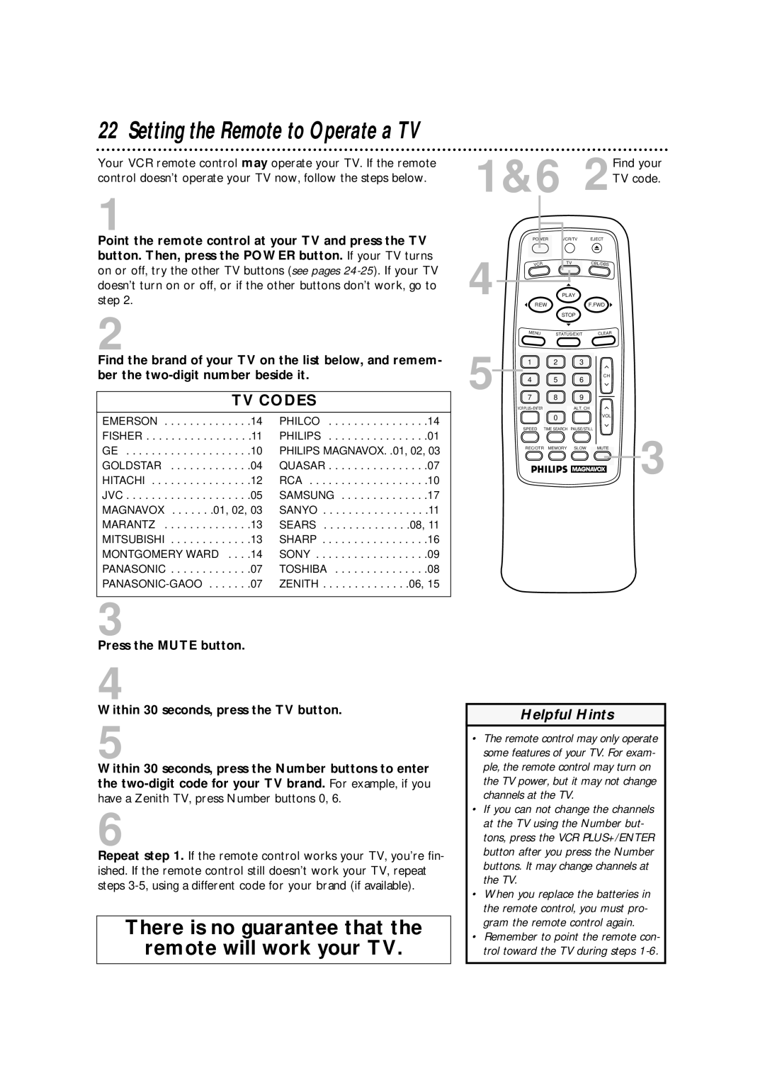 Philips VRA633AT owner manual 2Find your TV code, Press the Mute button 