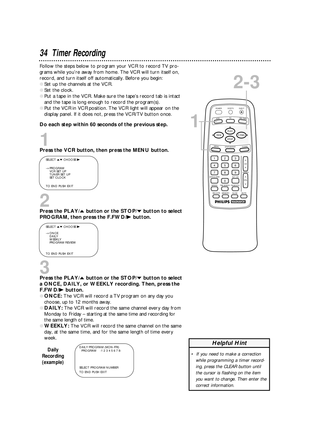 Philips VRA633AT owner manual Timer Recording, Daily 