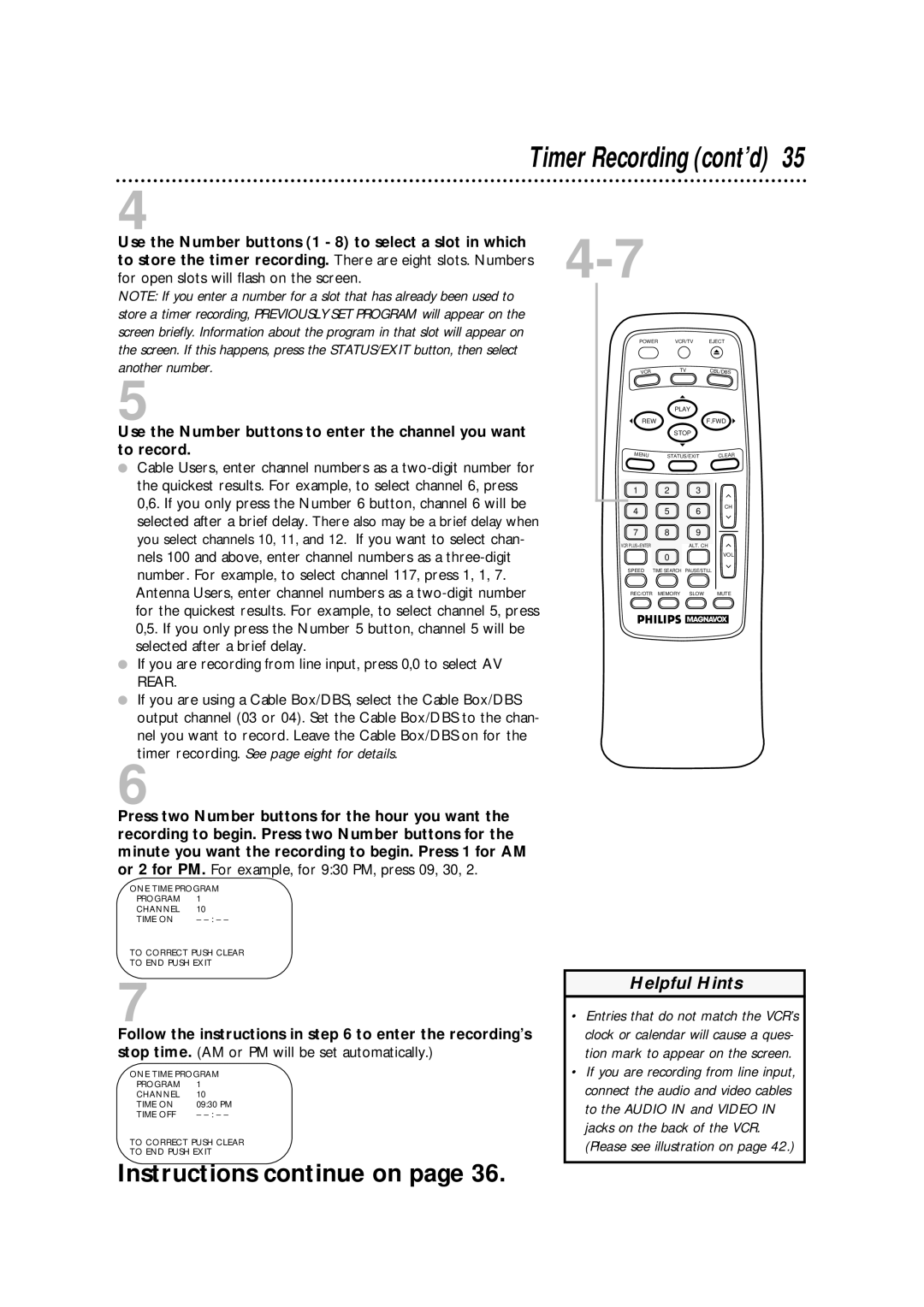 Philips VRA633AT owner manual Timer Recording cont’d 